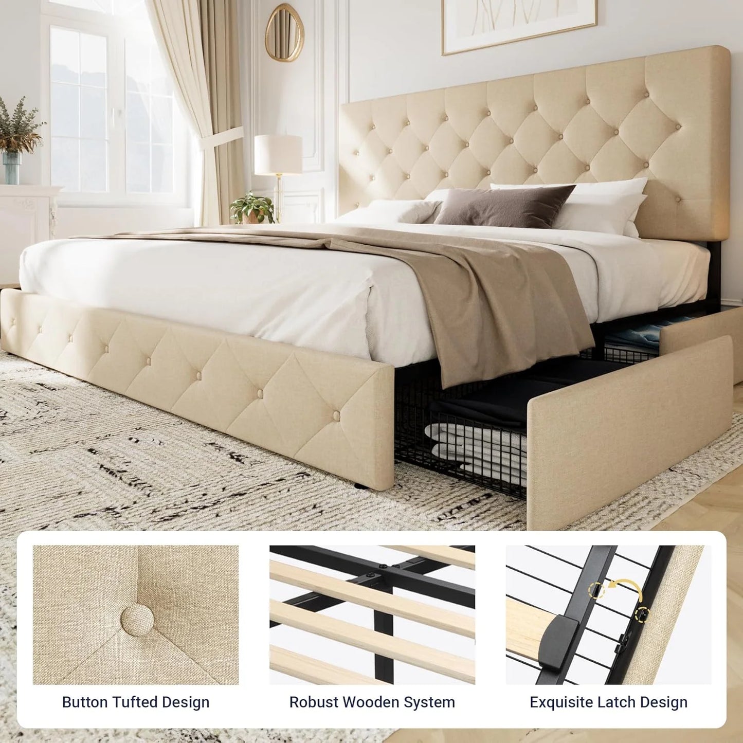 Allewie Upholstered Queen Size Platform Bed Frame with 4 Storage Drawers and Headboard, Square Stitched Button Tufted, Mattress Foundation with Wooden Slats Support, No Box Spring Needed