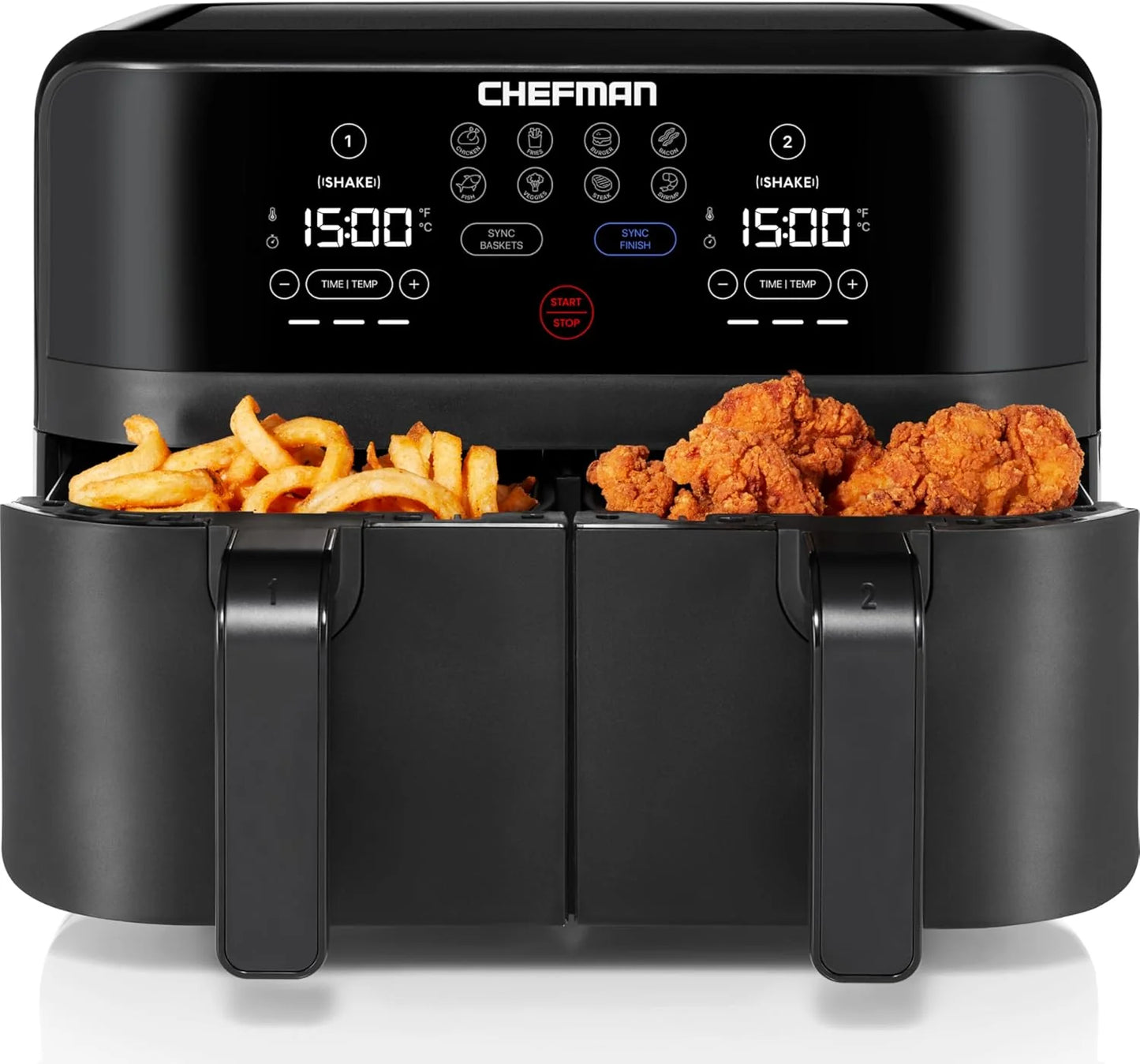 Chefman 6-Quart Dual Basket Air Fryer - Digital Touchscreen, Smart Sync Finish, High-Frying, Auto-Off, 2 Independent 3-Quart Nonstick Pans, Dishwasher-Safe Baskets