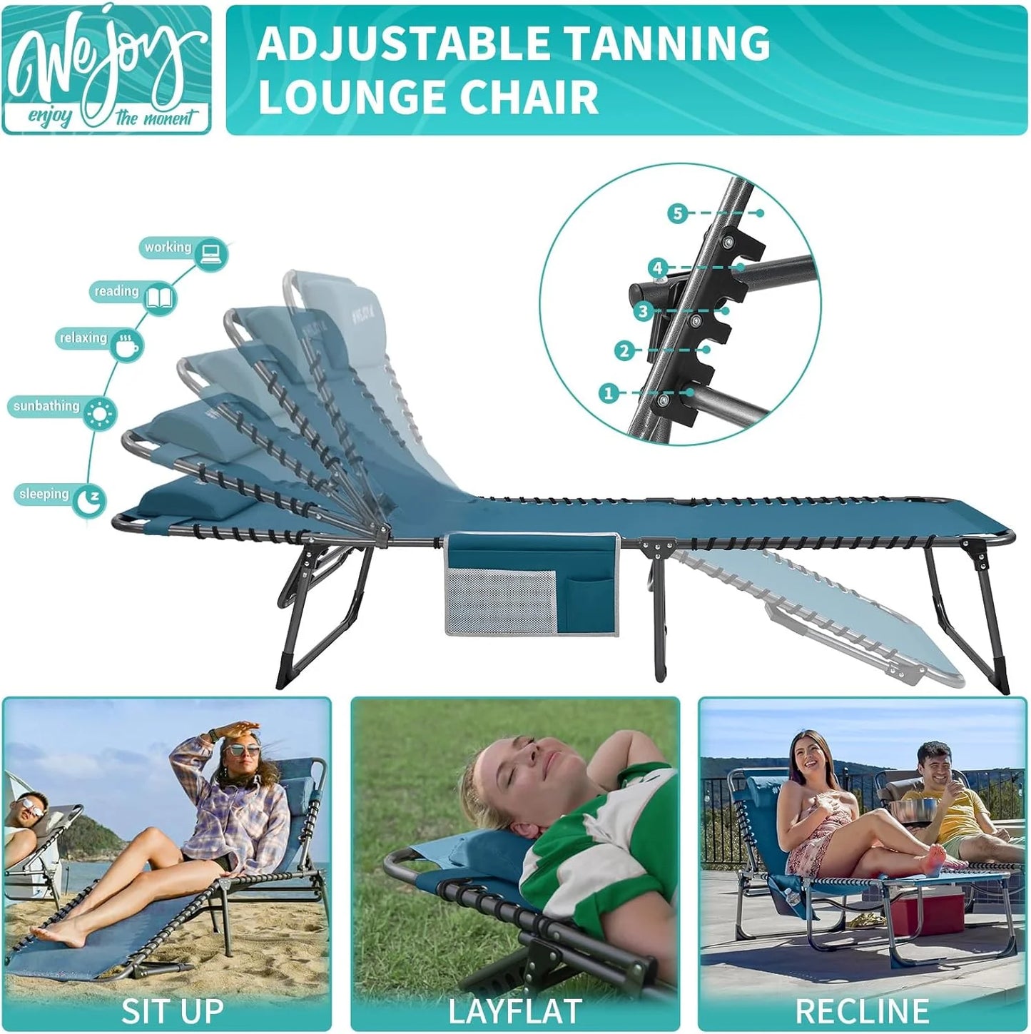 2 Pack Outdoor Chaise Lounge Chair - Portable Folding Patio Pool Lounge Chair, 5 Positions Adjustable Reclining Camping Chair with Side Table,Shoulder Strap, Pillow for Beach Sunbathing Lawn