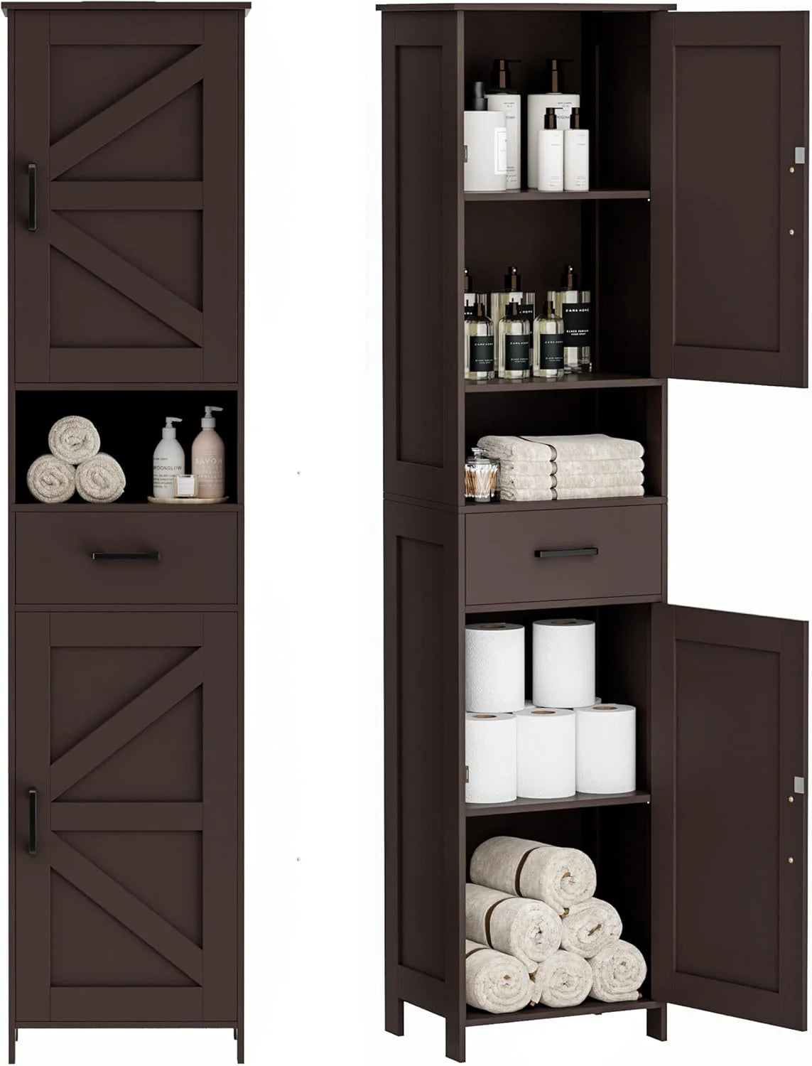 Homhedy 67" H Tall Bathroom Storage Cabinet with 2 Barn Doors and 1 Drawer, Narrow Storage Unit, Adjustable Shelves, Floor Cabinet for Bathroom, Living Room, Entryway, Kitchen, White, (15.7" W)