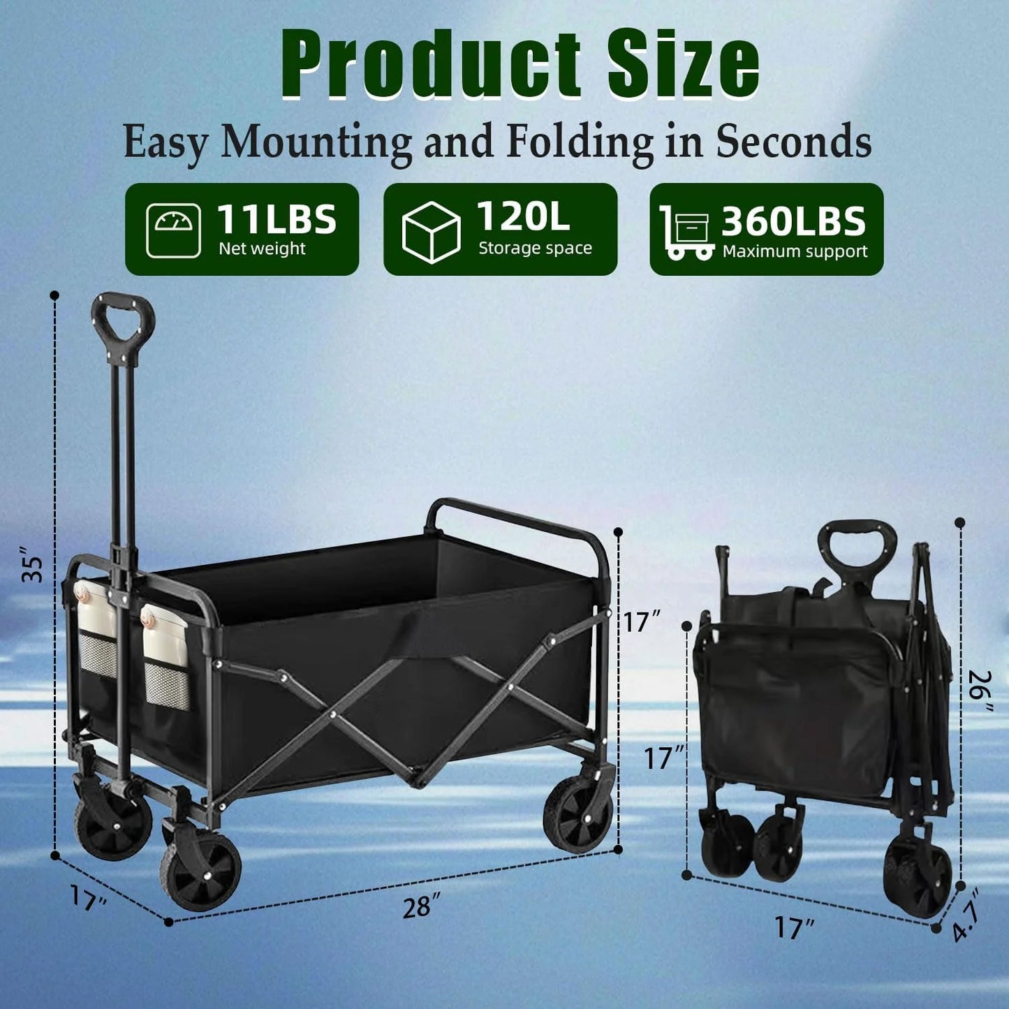 Foldable 4-wheel cart, foldable, 37 inches long, 480 lb capacity, heavy-duty beach cart, shopping cart with wheels