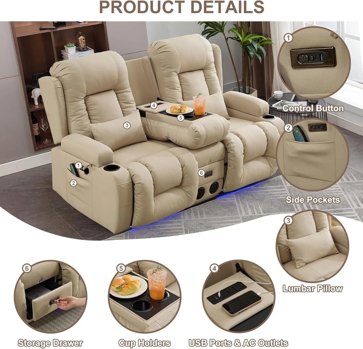 TUNYI Power Loveseat Recliner Sofa with Massage & Heat Home Theater Seating with Console Electric Recliner RV Sofa with USB/Outlet/Storage/Side Pocket/LED Light/Speaker (Brown, Loveseat)