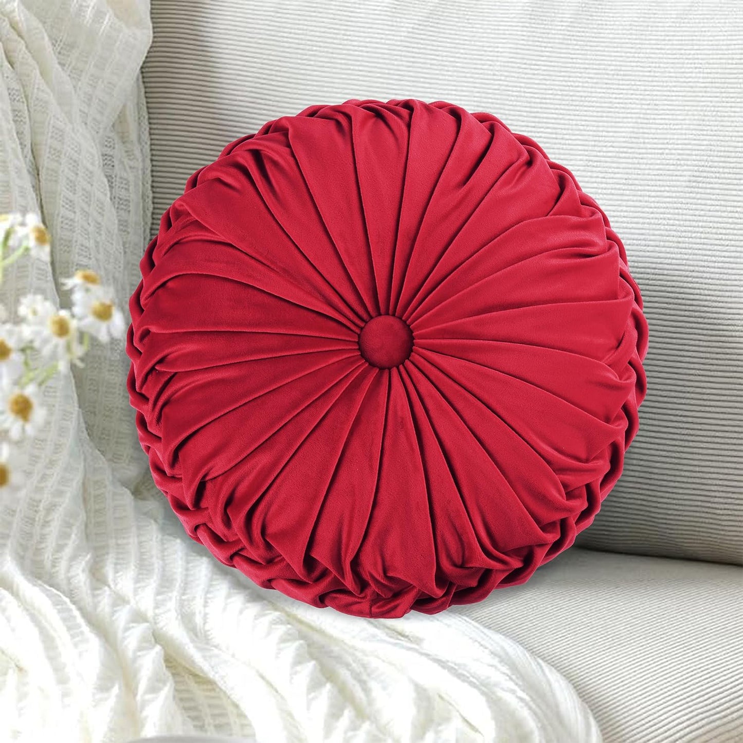 Set of 2 Decorative Round Pleated Throw Pillows