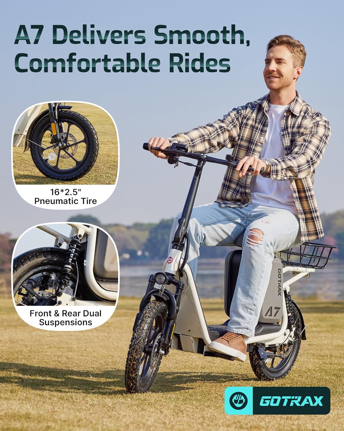 Gotrax adult electric scooter with seat, maximum range of 19-25 miles, all-terrain tires, wide pedals, padded seat, and carrycot