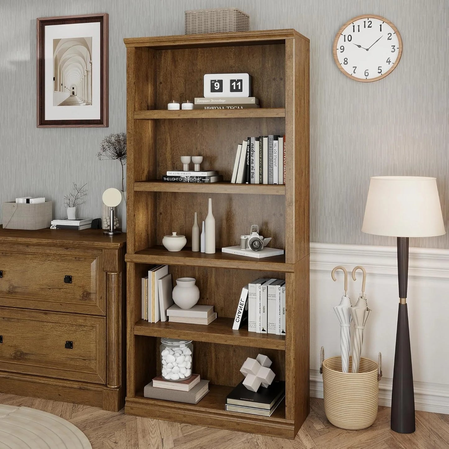 70-Inch Tall White Bookcase 5 Tiers Shelves Open Storage Bookshelf