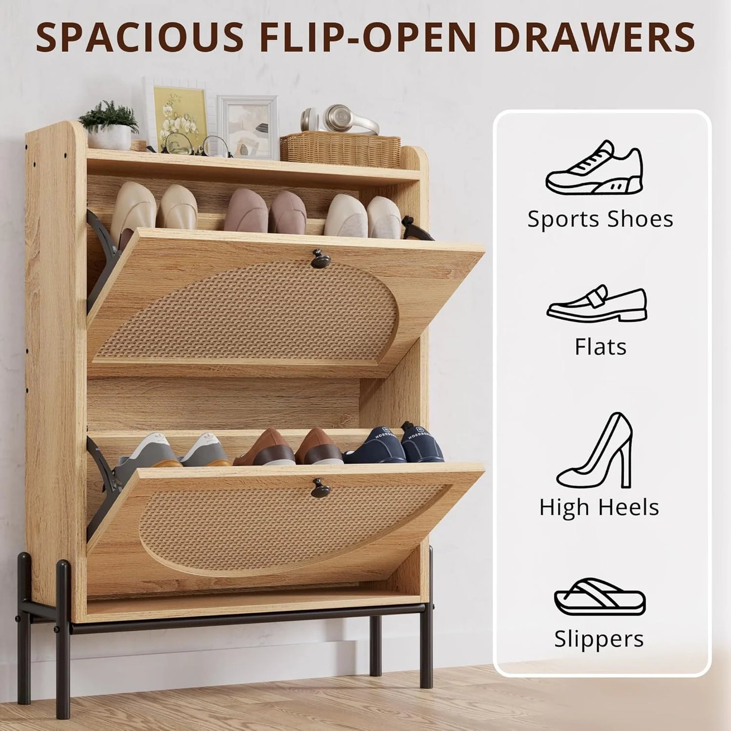 IRONCK Shoe Cabinet Storage with 2 Flip Drawers, Free Standing Wooden Shoe Storage Organizer Cabinet with Rattan Doors for Entryway, Narrow Shoe Rack Cabinet, Oak