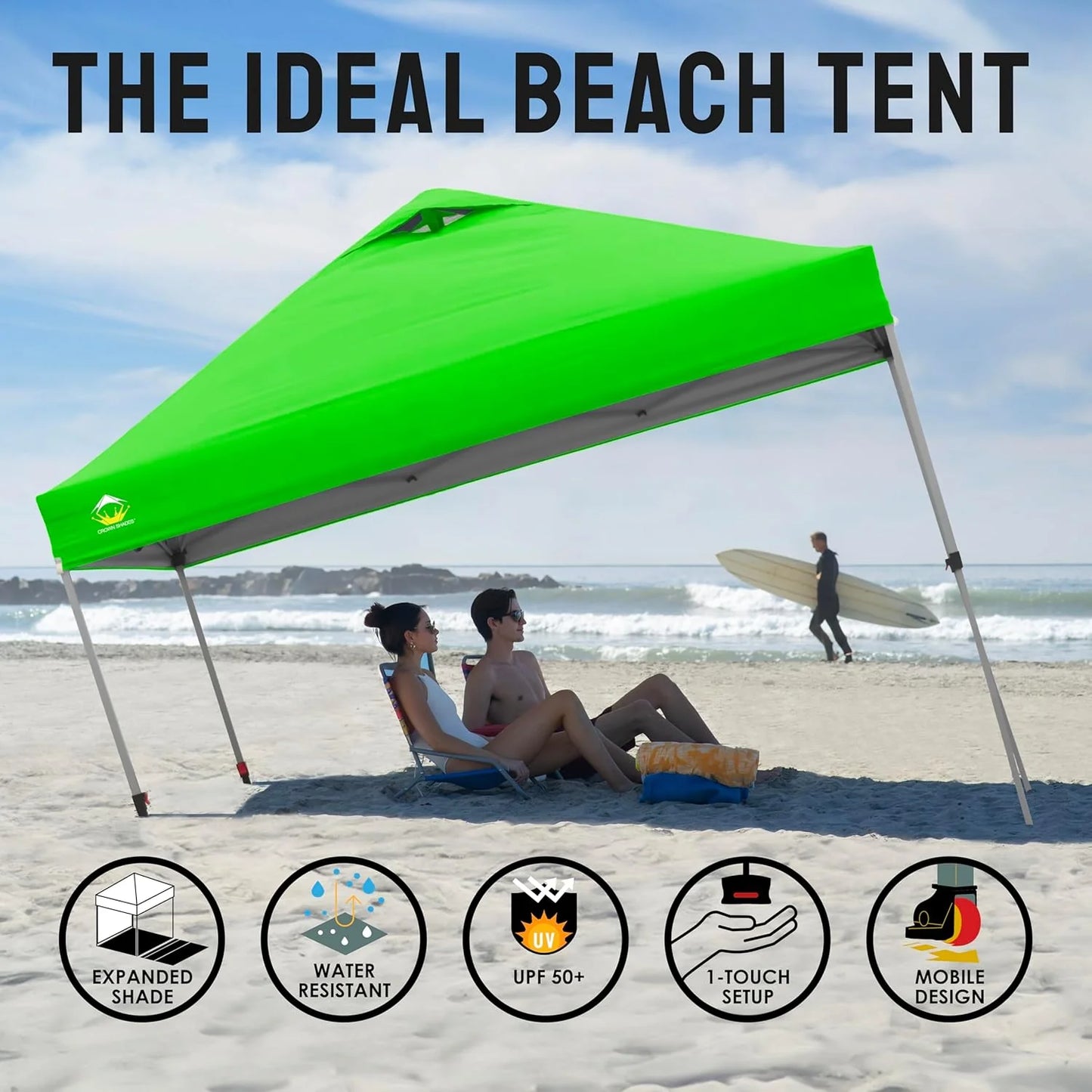 10x10 Pop-Up Awning - One-Click Installation Beach Tent - Outdoor Sunshade Silver Coated Top, 3 Heights and 4 Sand Pockets