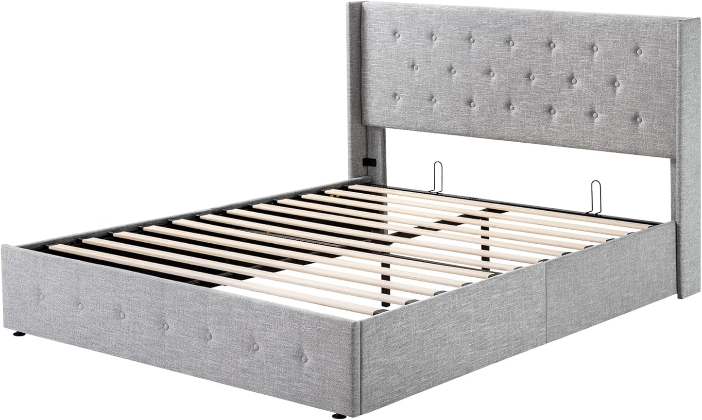 Allewie Queen Size Lift Up Storage Bed, Modern Wingback Headboard, Hydraulic Support, No Box Spring Needed, Light Beige