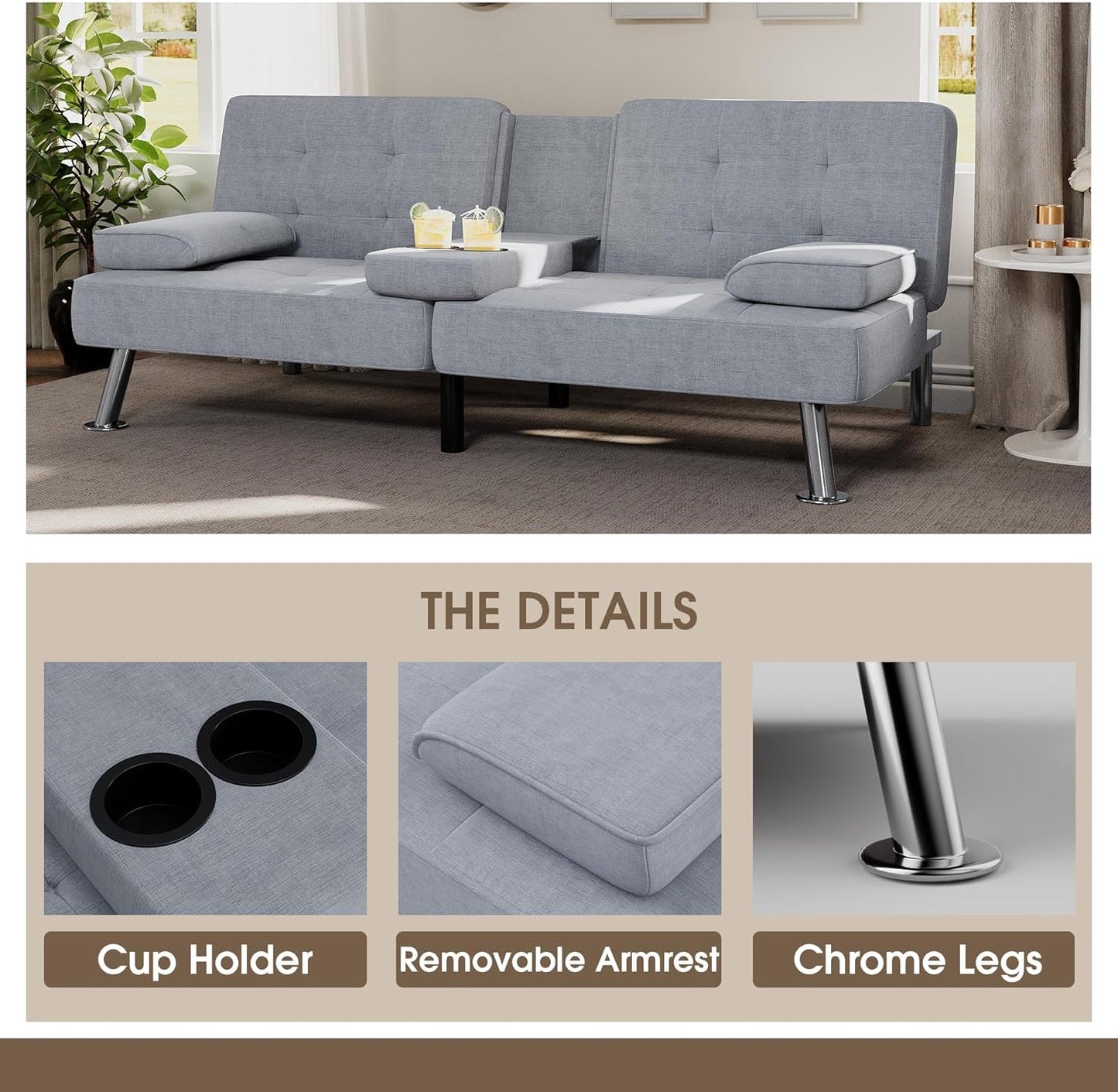 Flamaker Futon Sofa Bed Modern Folding Futon Set Convertible Recliner Lounge for Living Room with 2 Cup Holders, Removable Armrests (PU Leather, Black)