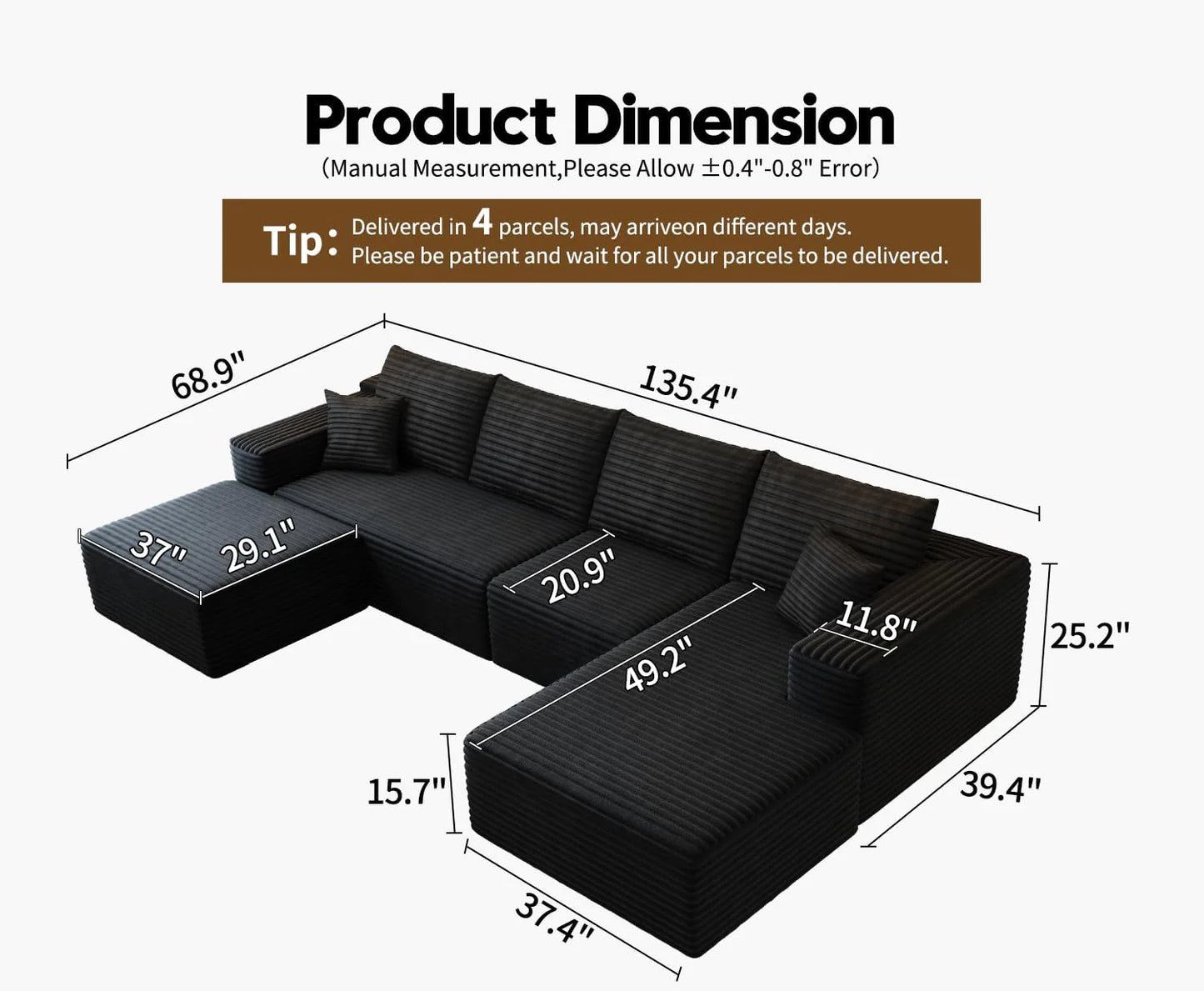 107.5 inch Cloud Modular Sectional Sofa with L-Shaped Chaise Lounge, Modern Minimalist Upholstered Sofa Deep Seating Corner Sofa