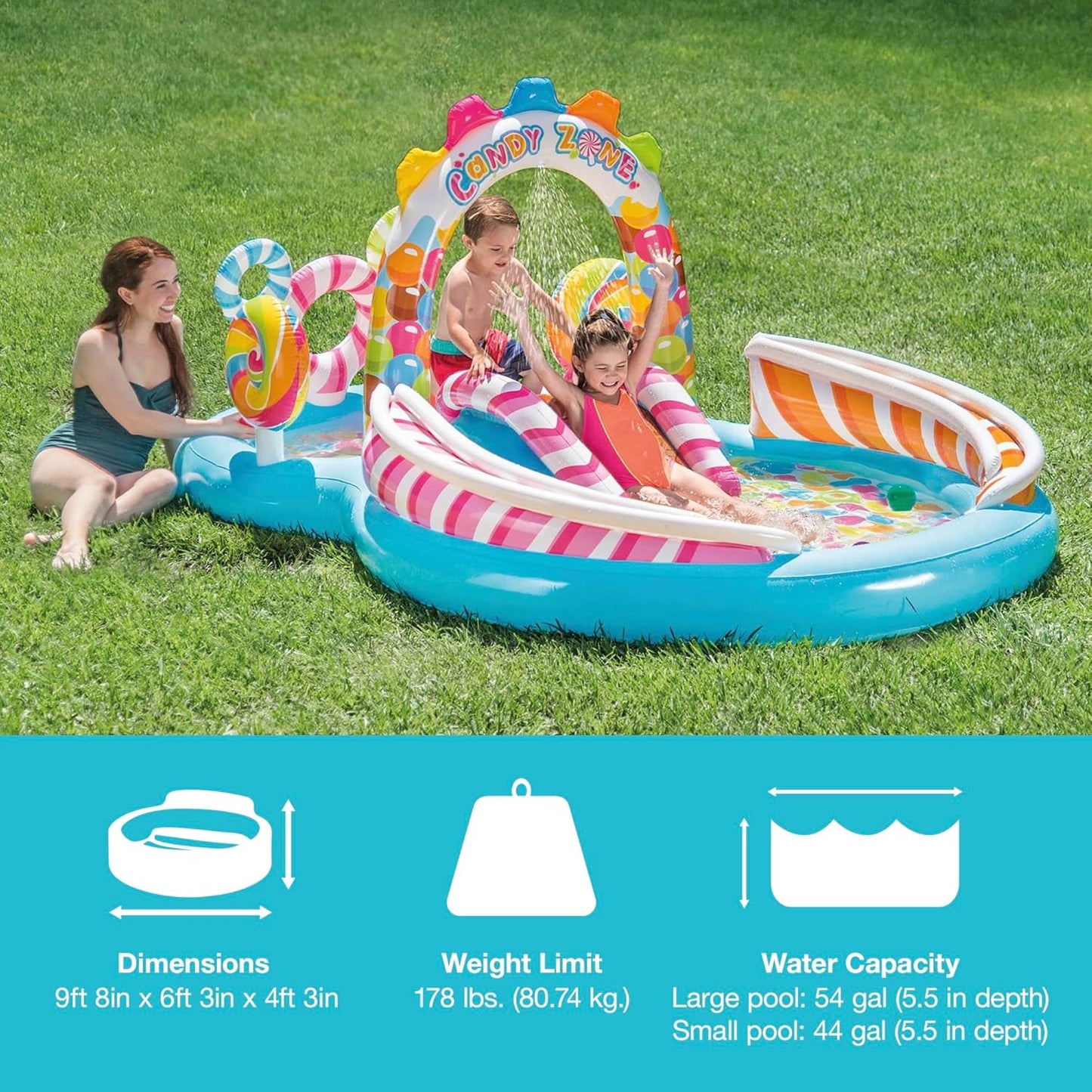 Intex 96" x 78" x 28" Inflatable Jungle Adventure Play Center Spray Kiddie Pool - Backyard Kids Water Slide, Outdoor Blow-Up Splash Pad for Toddlers