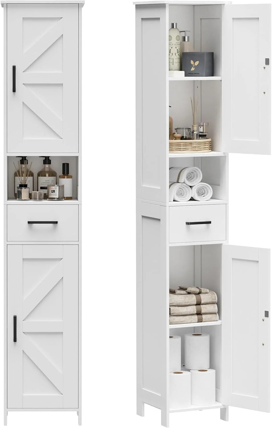 Homhedy 67" H Tall Bathroom Storage Cabinet with 2 Barn Doors and 1 Drawer, Narrow Storage Unit, Adjustable Shelves, Floor Cabinet for Bathroom, Living Room, Entryway, Kitchen, White, (15.7" W)
