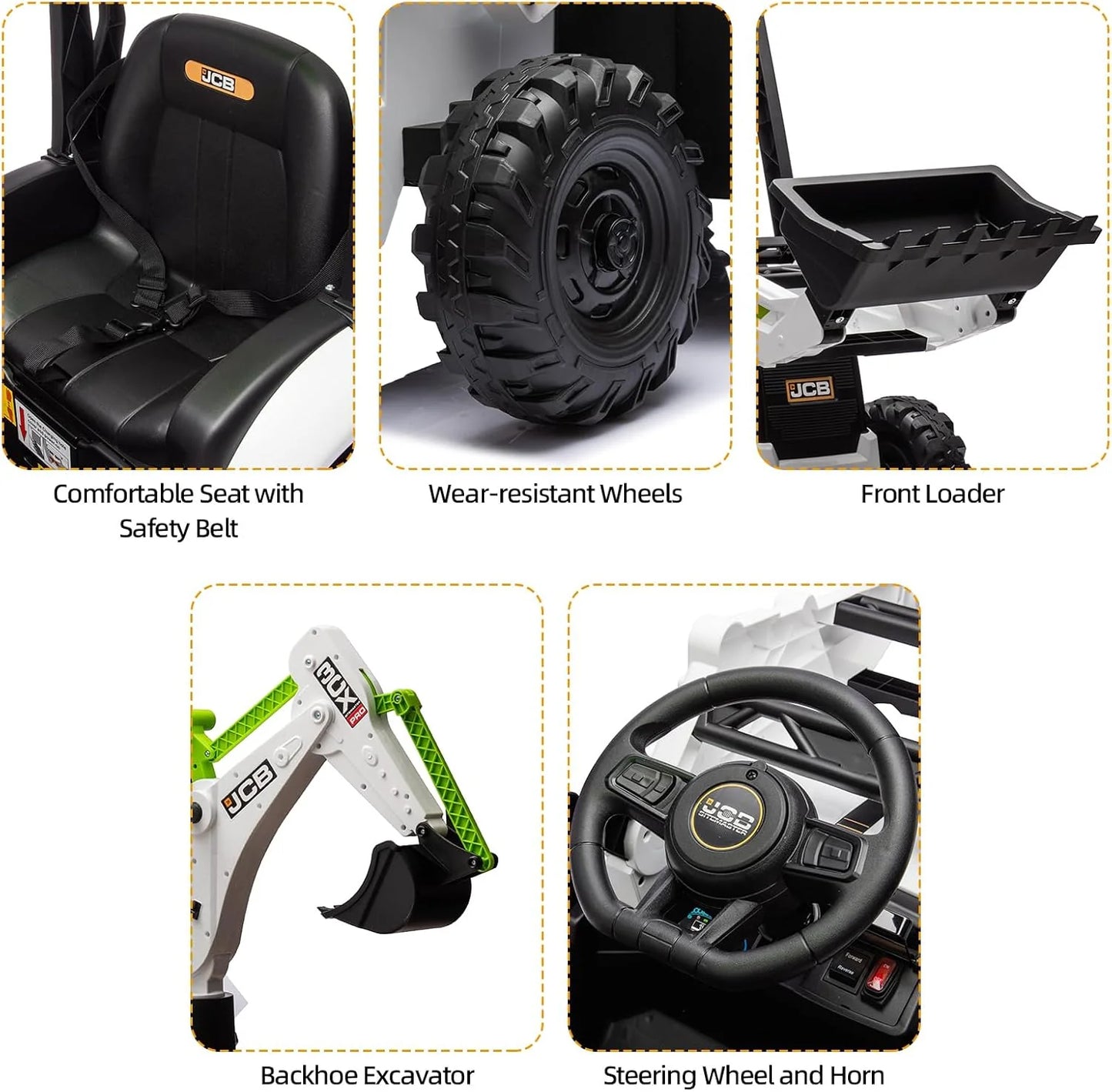 12V JCB Ride On Excavator, Ride on Toys for Kids 4-8, Electric Car for Kids with Tractor, Bulldozer, Digging Arm, Backhoe Toy Car with Slow Start/Stop, Adjustable Speeds