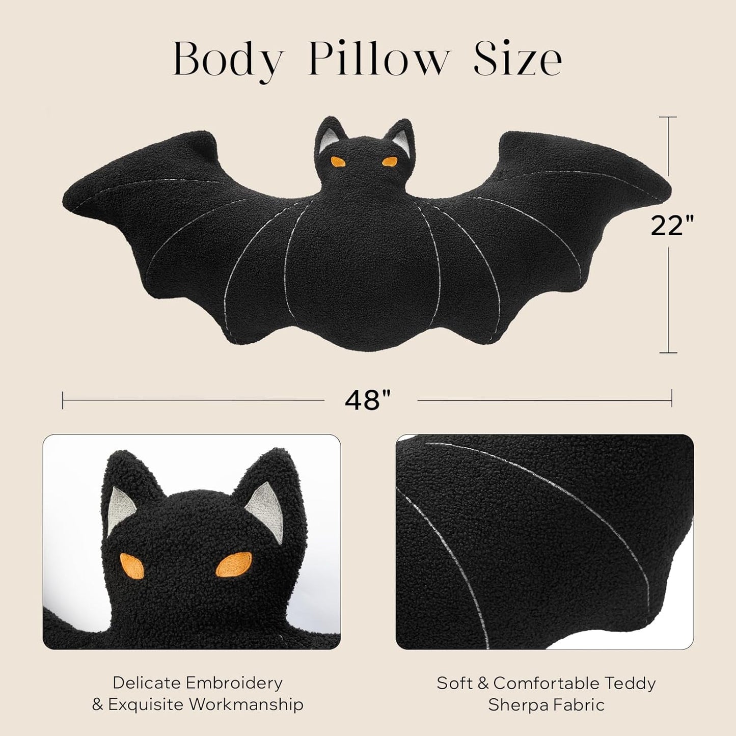 Bat Shaped Throw Pillow Teddy Fleece Embroidery Pillow