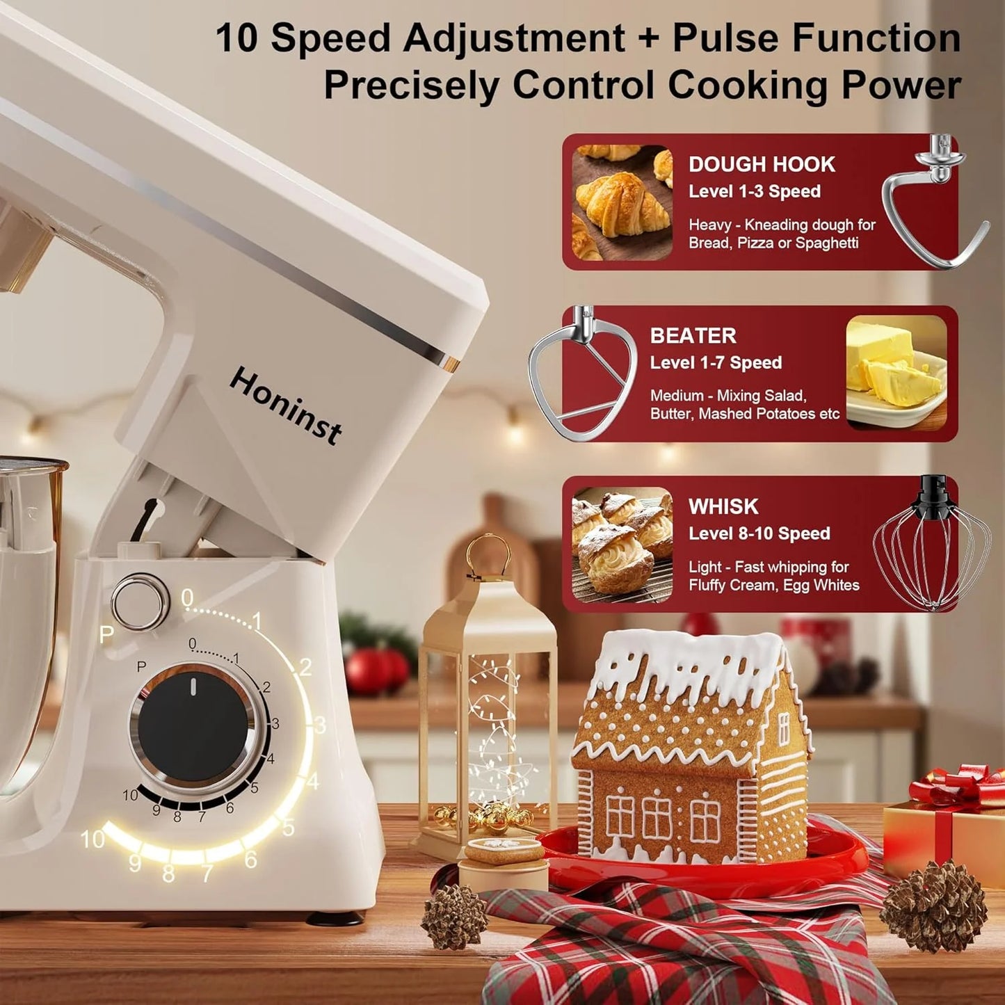 10-Speed Stand Mixer with 8-in-1 Splash Guard, Tilt Head, 6-Quart Stainless Steel Bowl + Dishwasher-Safe Dough Hook/Whisk/Blender/Scraper