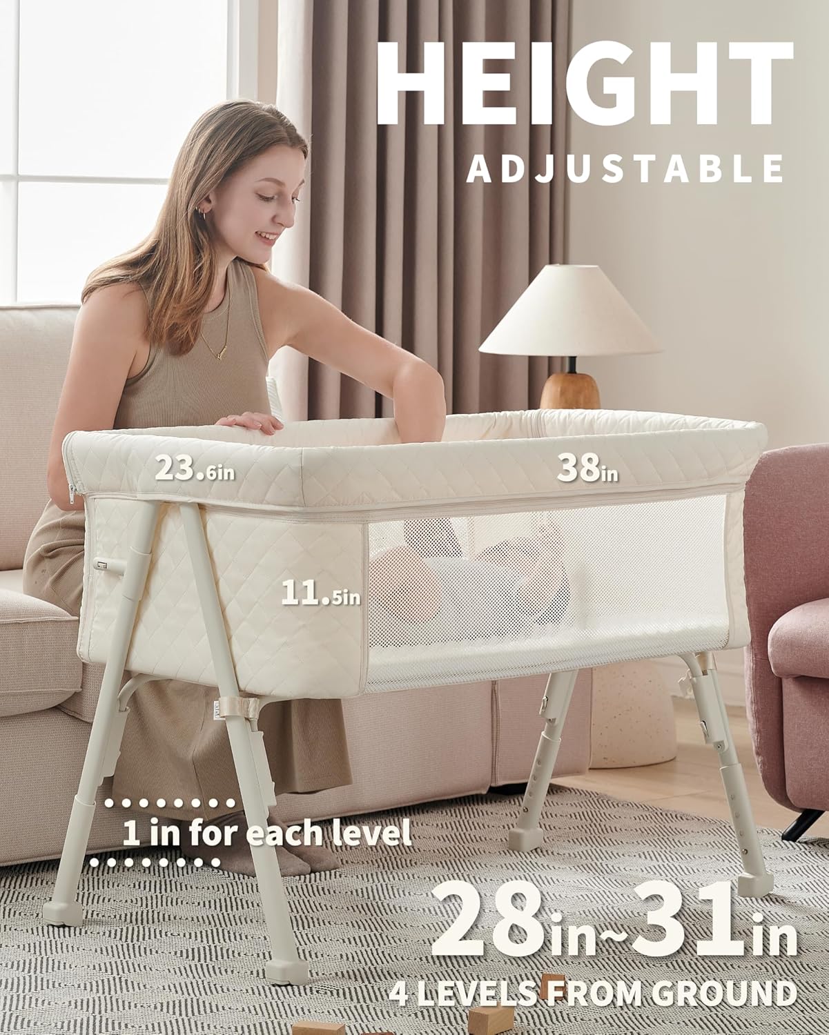 Bassinet Bedside Sleeper, Baby Crib for Newborn, Baby Bassinets Bedside Sleeper with 4 Auto-Lock & Adjustable Height, Breathable Mesh & Mattress