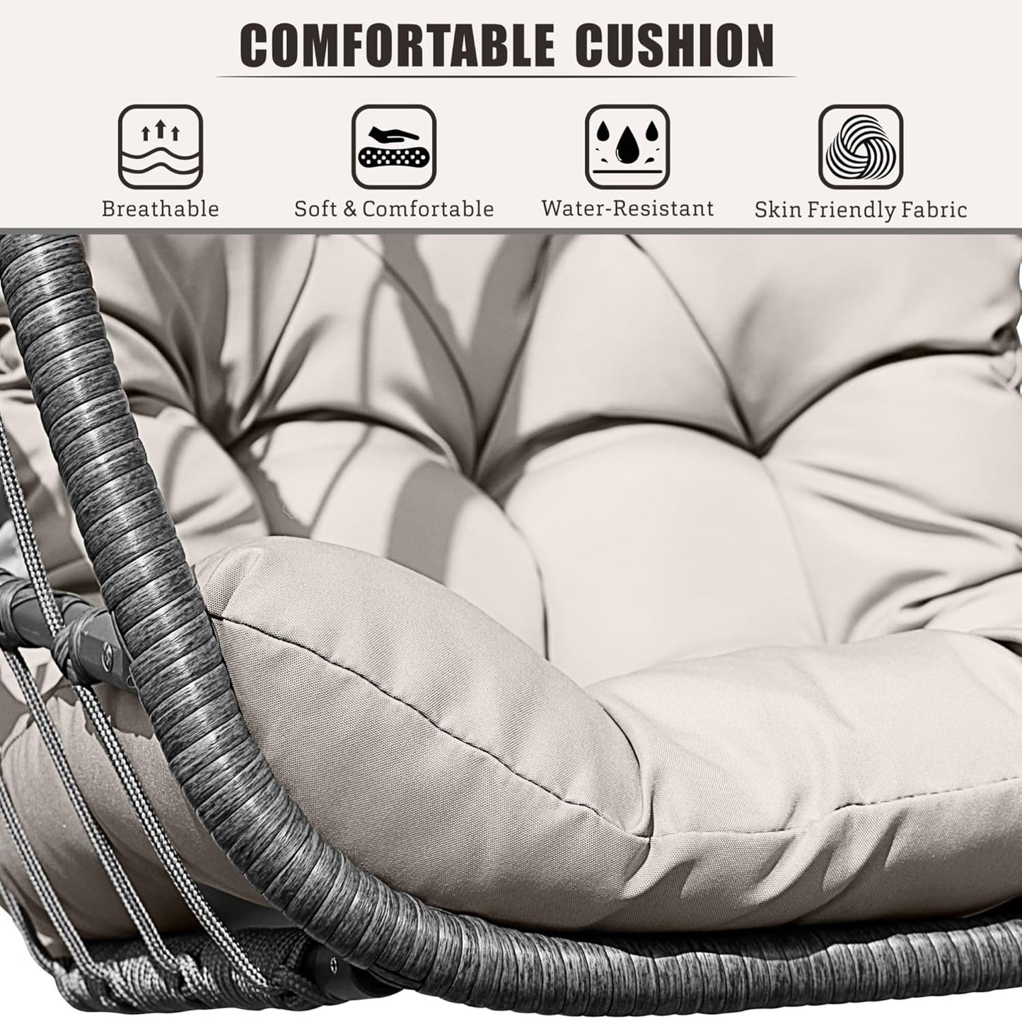 HWB Hanging Egg Chair with Stand, Patio Wicker Hammock Egg Swing Chair with Cushion for Bedroom Garden Indoor Outdoor (Beige)