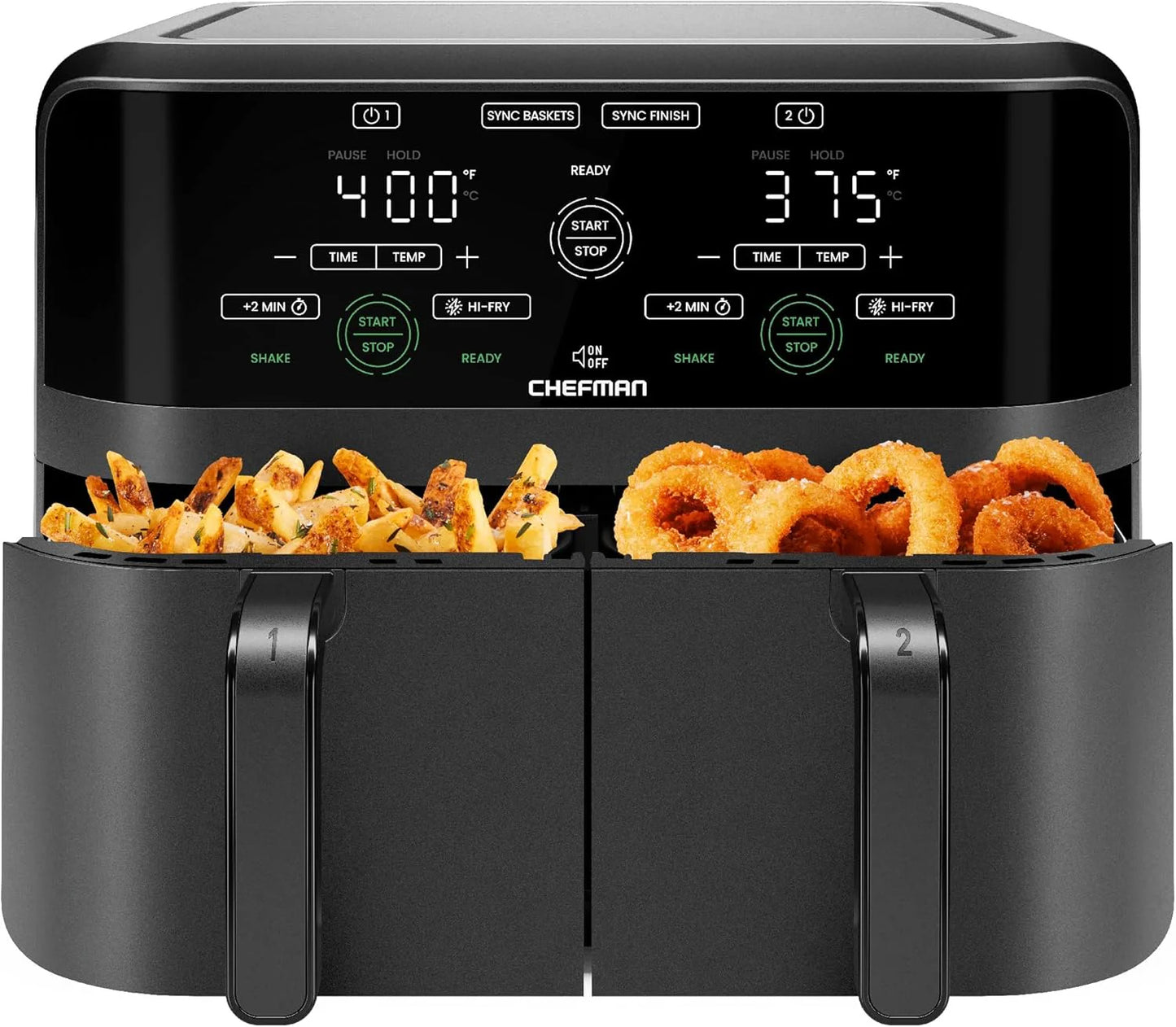 Chefman 6-Quart Dual Basket Air Fryer - Digital Touchscreen, Smart Sync Finish, High-Frying, Auto-Off, 2 Independent 3-Quart Nonstick Pans, Dishwasher-Safe Baskets
