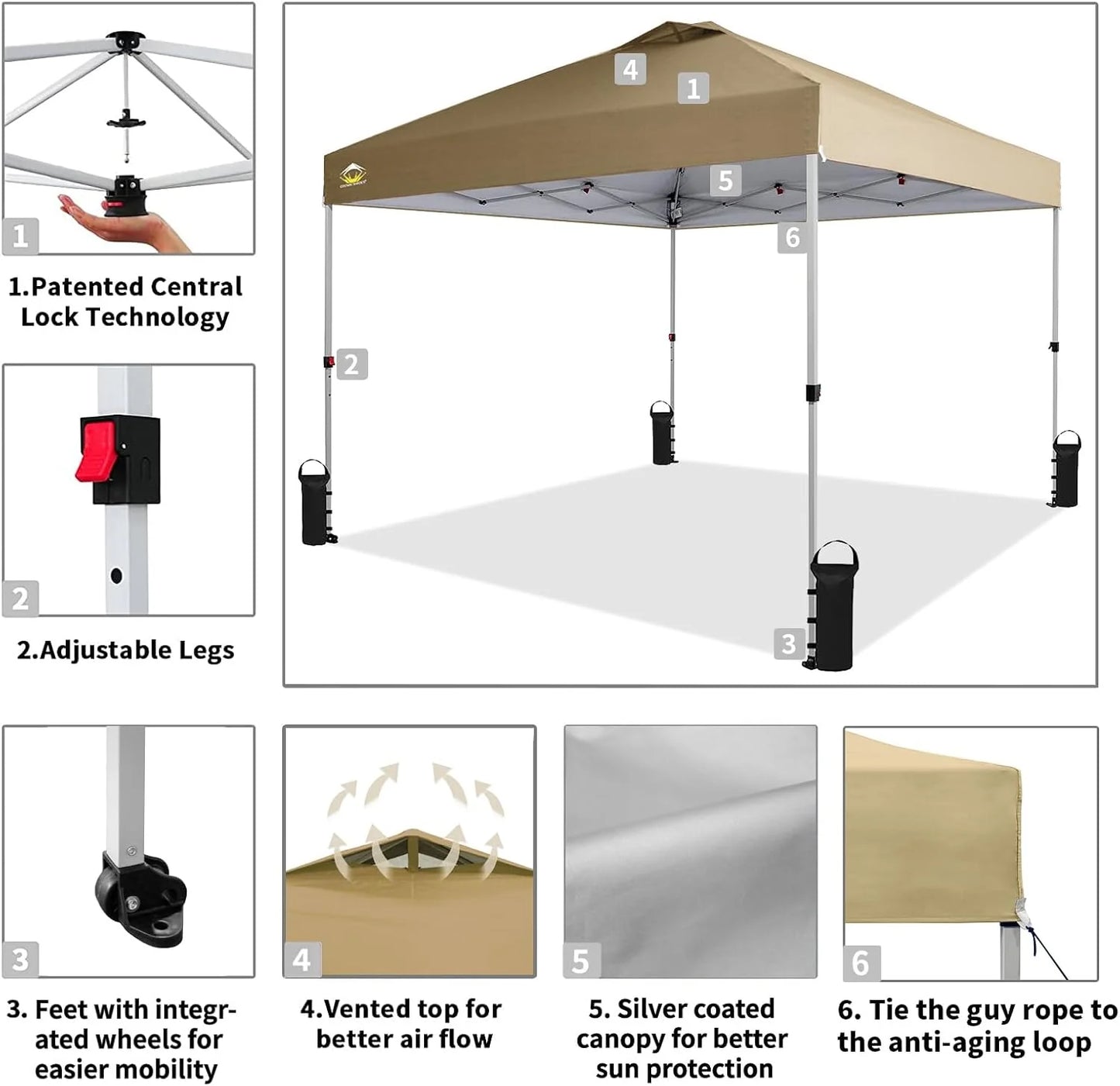 10x10 Pop-Up Awning - One-Click Installation Beach Tent - Outdoor Sunshade Silver Coated Top, 3 Heights and 4 Sand Pockets