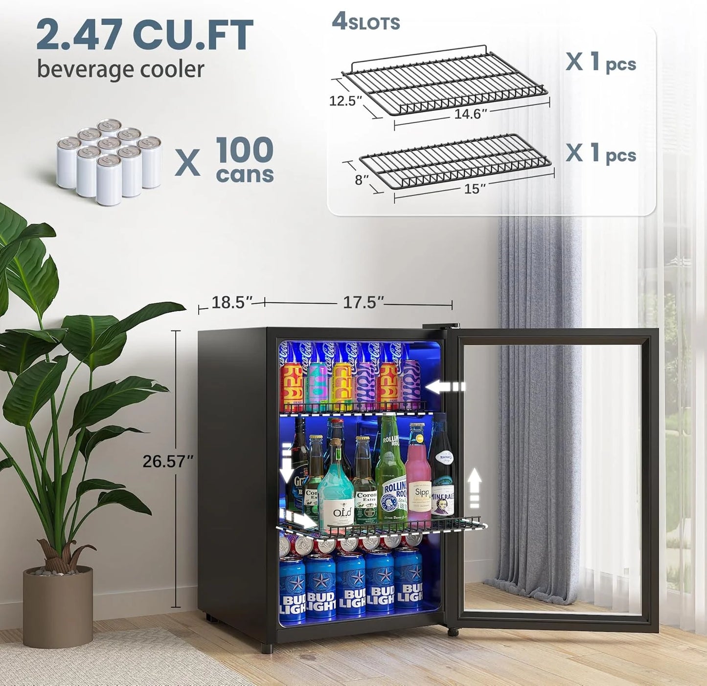 Beverage Refrigerator Cooler-120 Cans Freestanding Mini Fridge Cooler with Glass Door, Adjustable Shelves & Digital Temperature Display for Soda, Wine or Beer (Black, 3.2 Cu.Ft)
