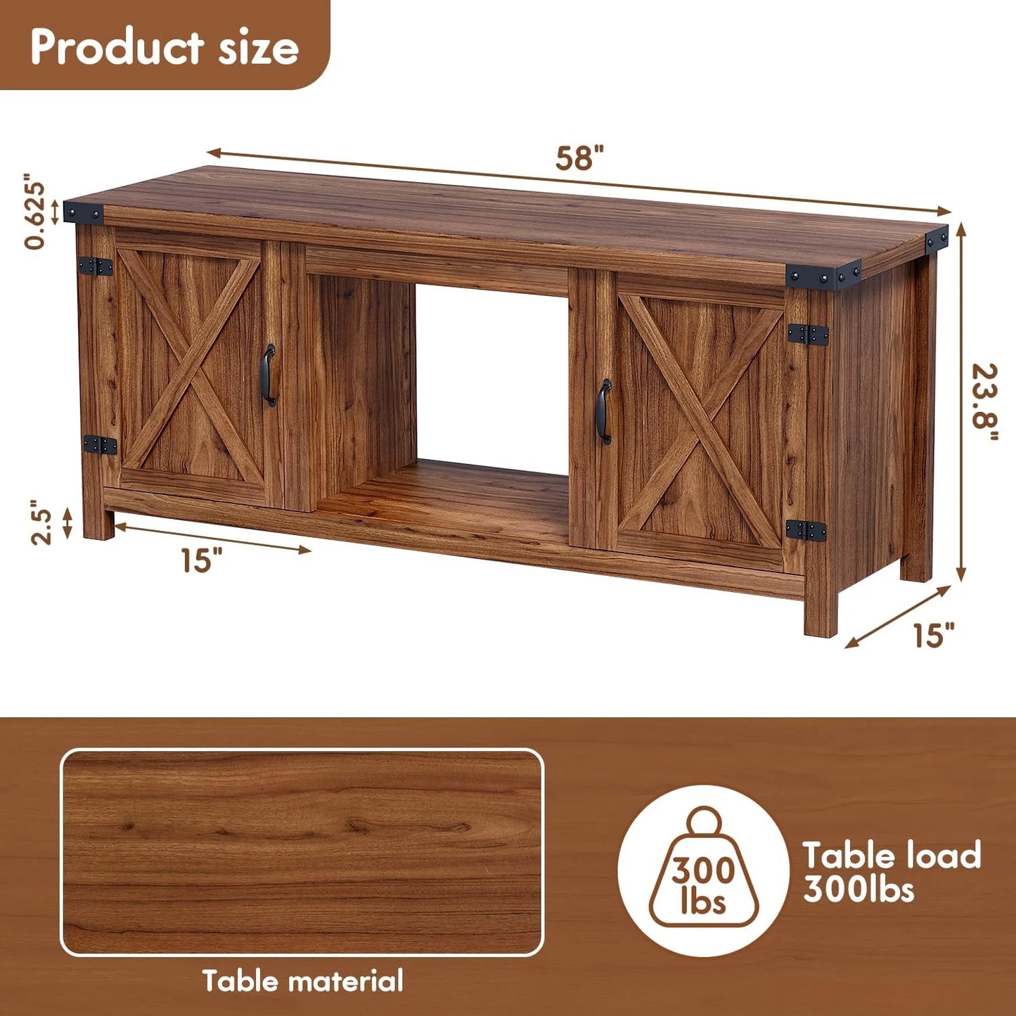 YESHOMY Fireplace TV Stand with Two Barn Doors and Storage Cabinets for Televisions up to 65+ Inch, Entertainment Center Console Table, Media Furniture for Living Room, 58 Inch