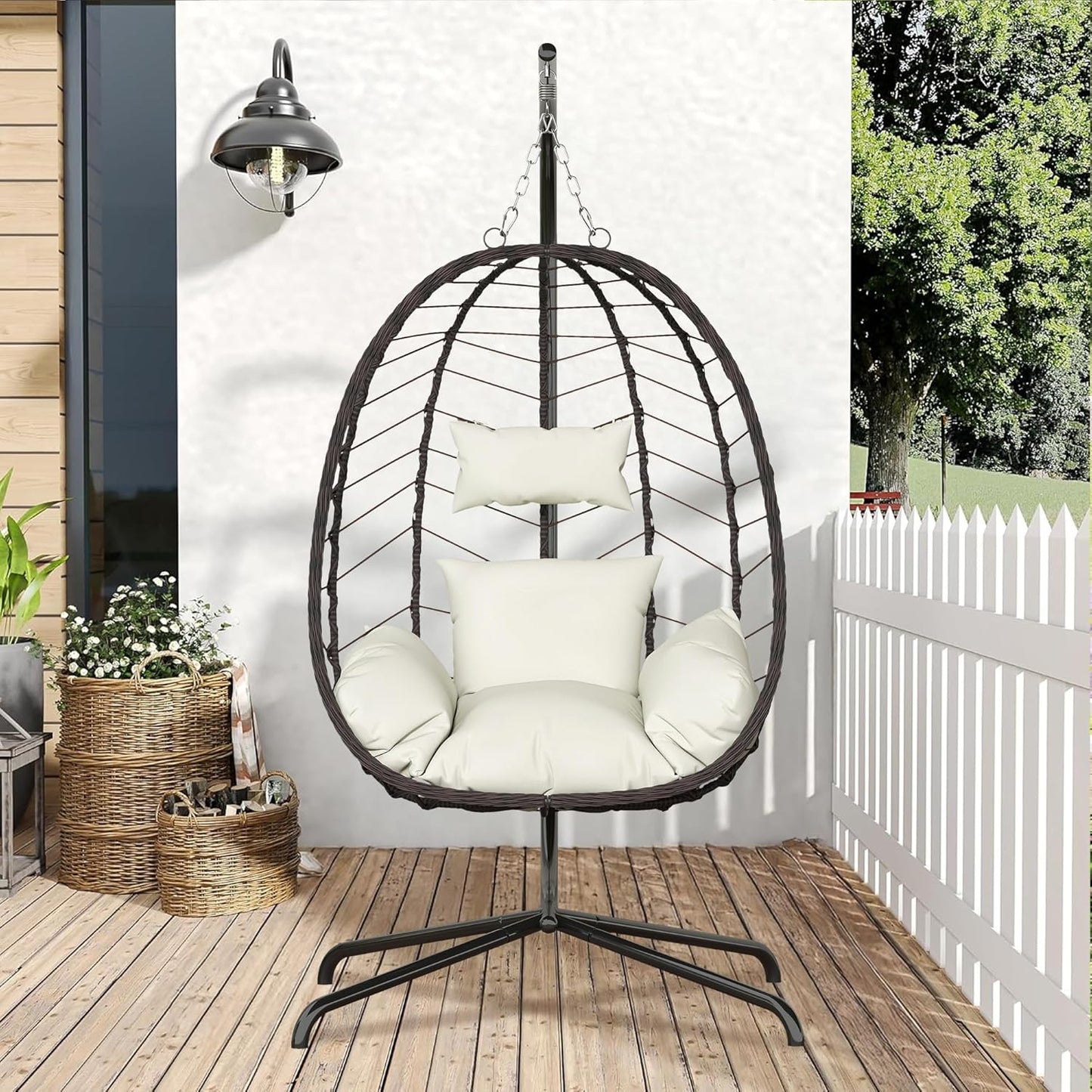 Hanging Egg Chair with Stand, Swinging Egg Chair Outdoor Indoor, Hanging Basket Chair with Cushion, Patio Wicker Hammock Chair 350lbs Capacity for Bedroom, Balcony, Backyard, Garden (Grey)