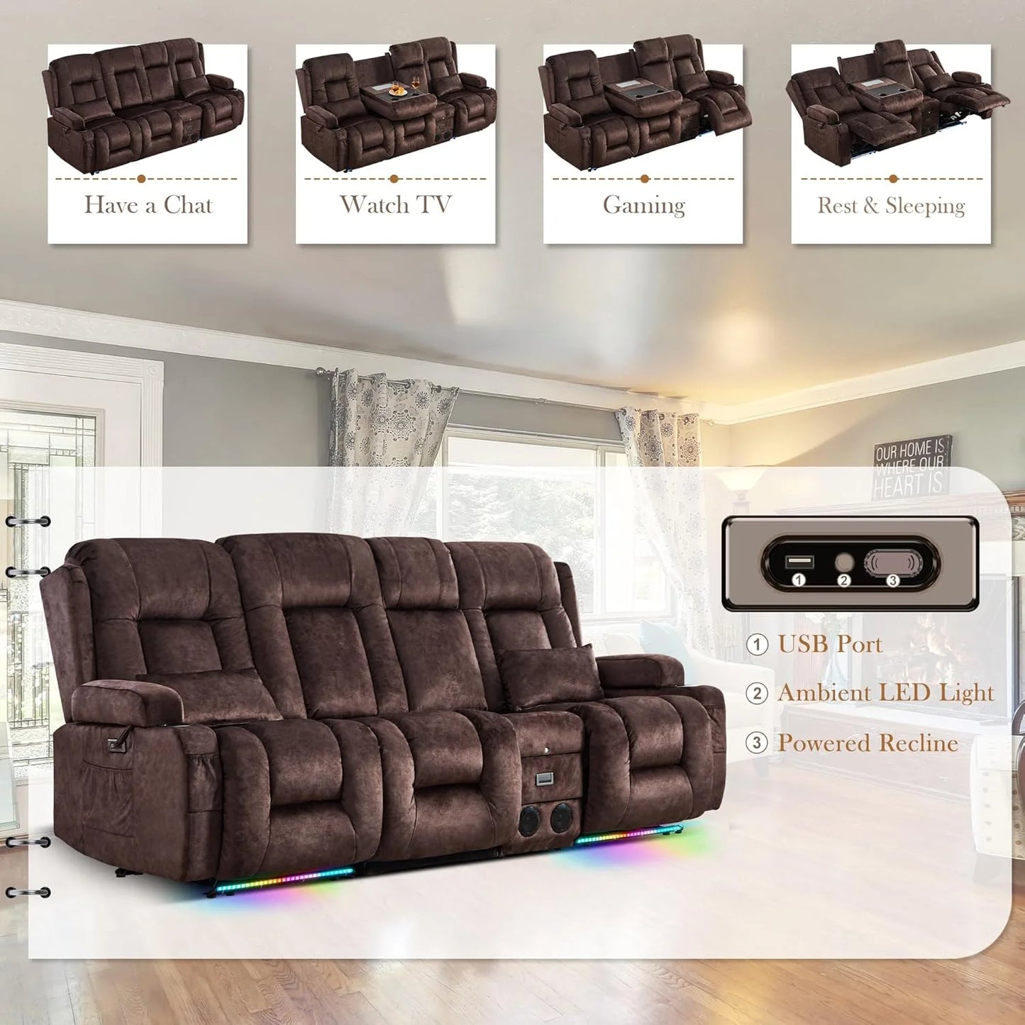 TUNYI Power Loveseat Recliner Sofa with Massage & Heat Home Theater Seating with Console Electric Recliner RV Sofa with USB/Outlet/Storage/Side Pocket/LED Light/Speaker (Brown, Loveseat)