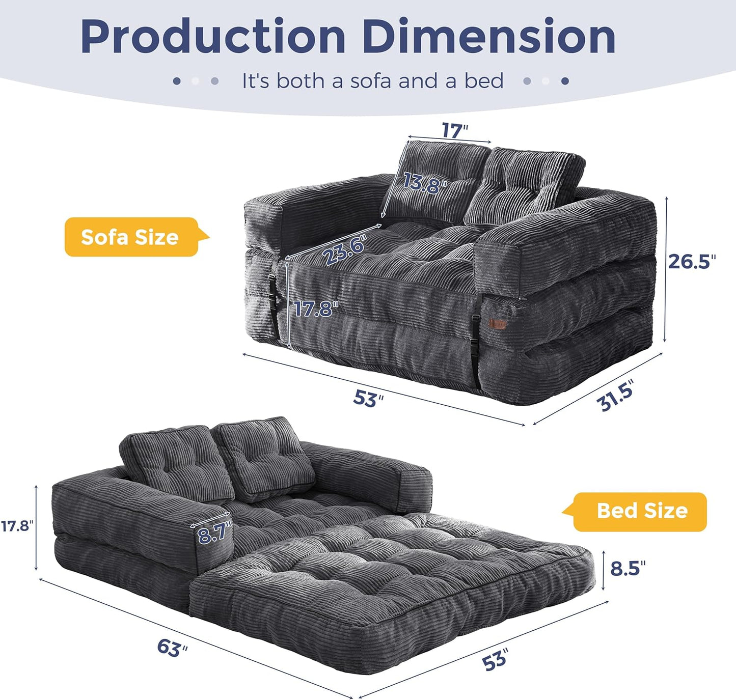 Folding Sofa Bed, L-Shaped Convertible Sofa Bed with Armrests and Pillows,