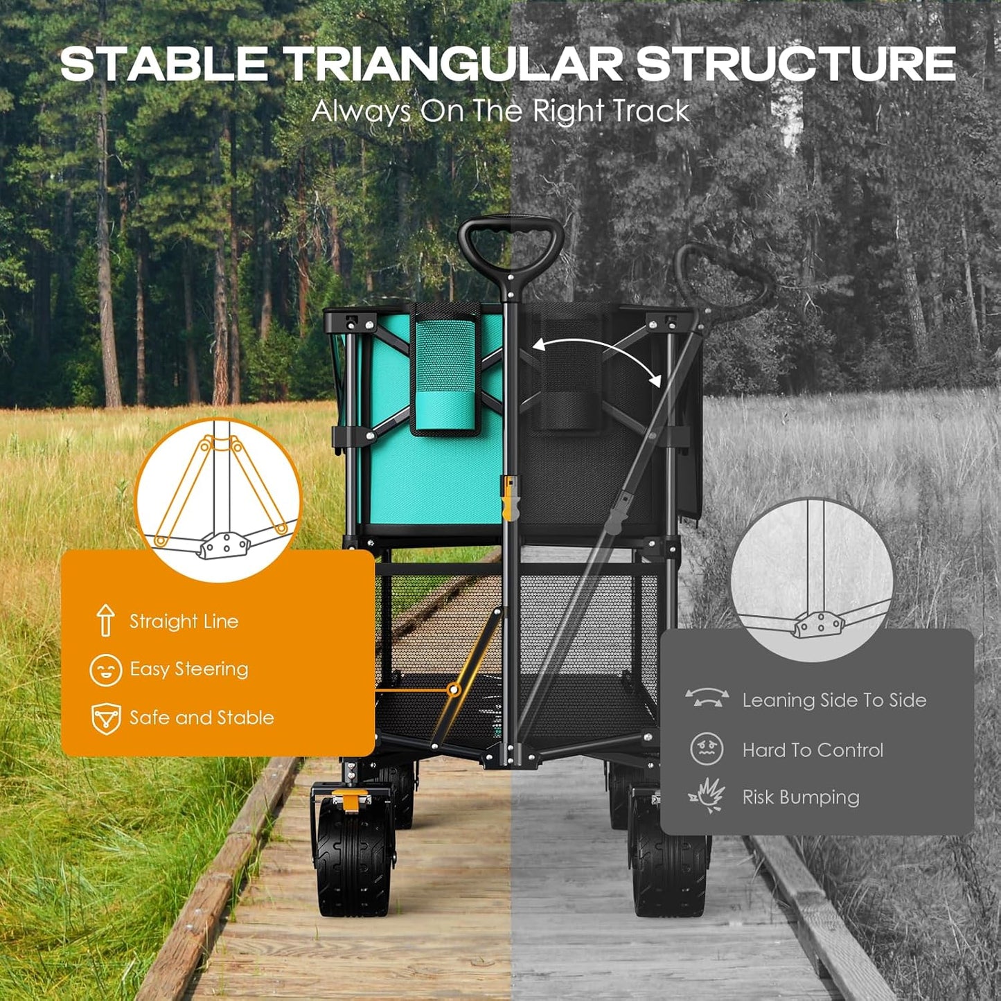 Foldable 50''L Extra Long Double Decker Wagon for Sport, 400L Collapsible Heavy Duty Wagon Cart with Big Wheels, Utility All-Terrain Large Extender Cart for Outdoors