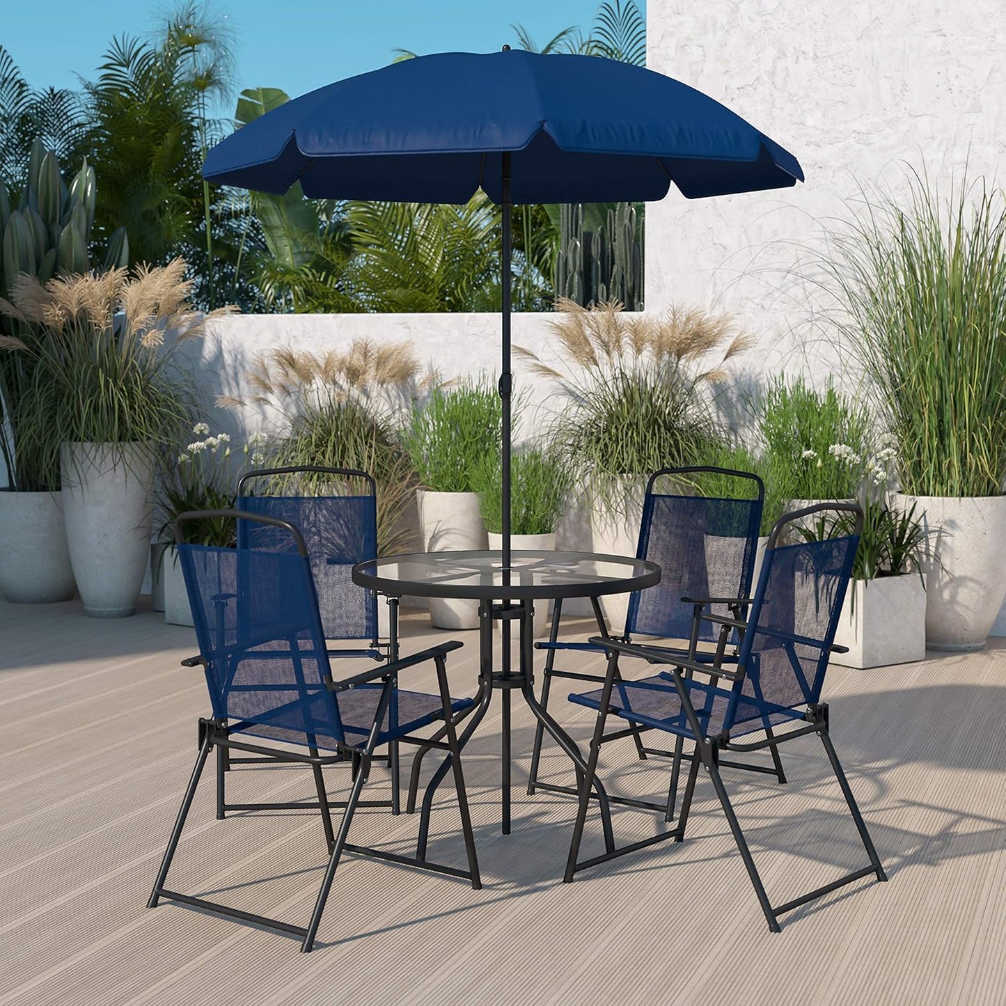 EMMA + OLIVER 6 Piece Brown Patio Garden Set with Umbrella Table and Set of 4 Folding Chairs