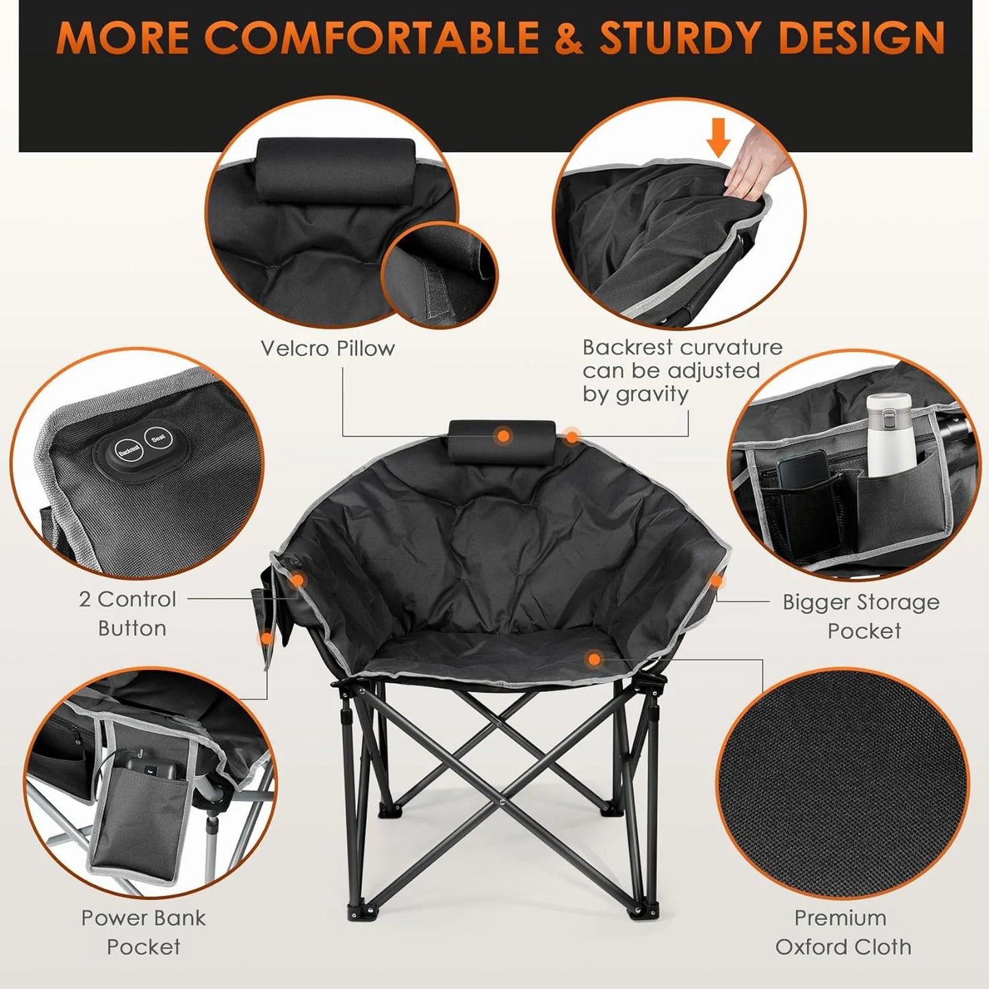 Heated Camping Chair, Extra Large Heated Chair Outdoor Sports Chair with 3 Heat Levels on Back and Seat, Portable Folding Heated Outdoor Chair (Batteries Not Included)