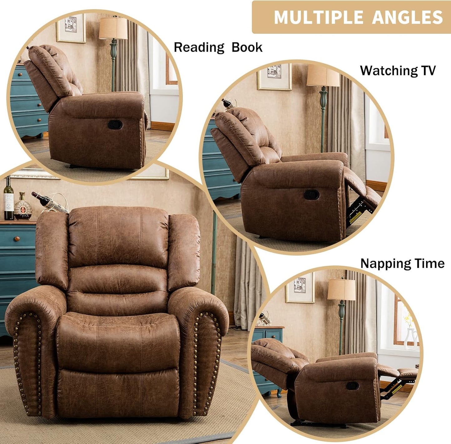 Leather recliner, classic traditional manual recliner, single sofa for living room
