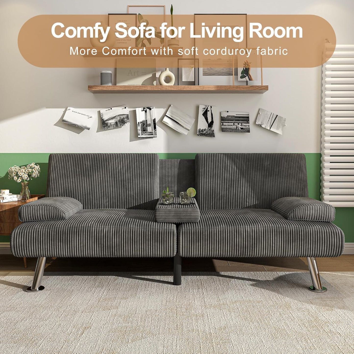 Shahoo Modern Linen Upholstered Convertible Folding Futon Sofa Bed with Removable Armrests, Metal Legs, 2 Cup Holders for Living Room