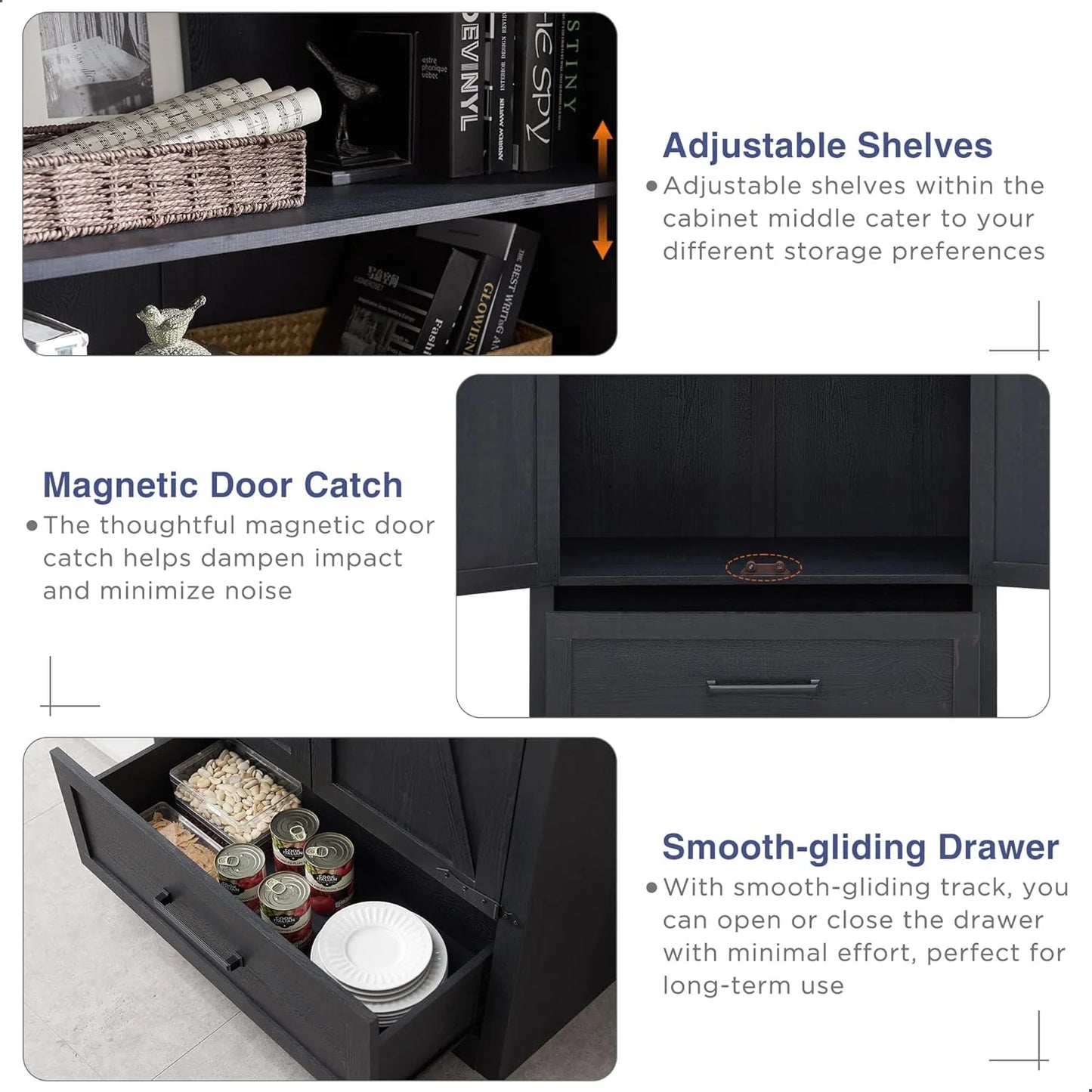 JXQTLINGMU Farmhouse Kitchen Pantry - 72" Tall Wood Kitchen Storage Cabinet with Adjustable Shelves and 2 Barn-Style Doors and Drawers