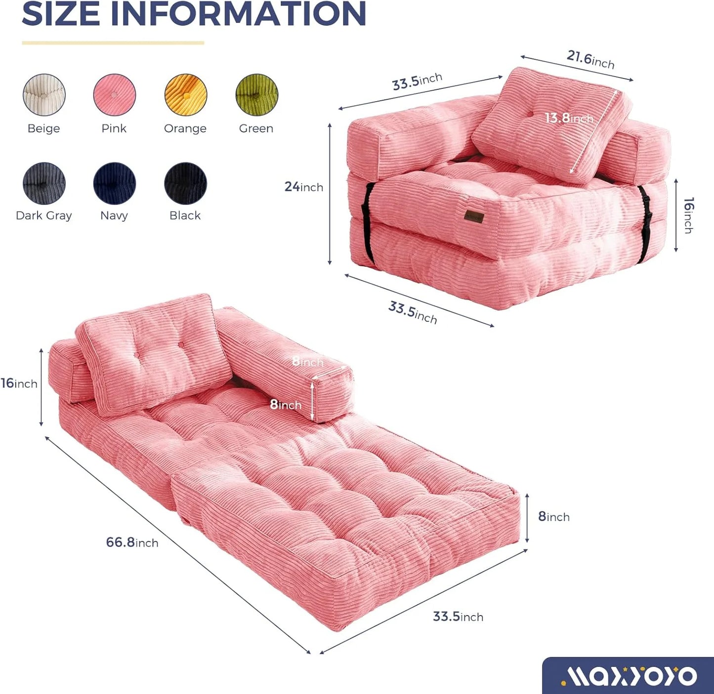 Folding Sofa Bed, L-Shaped Convertible Sofa Bed with Armrests and Pillows,