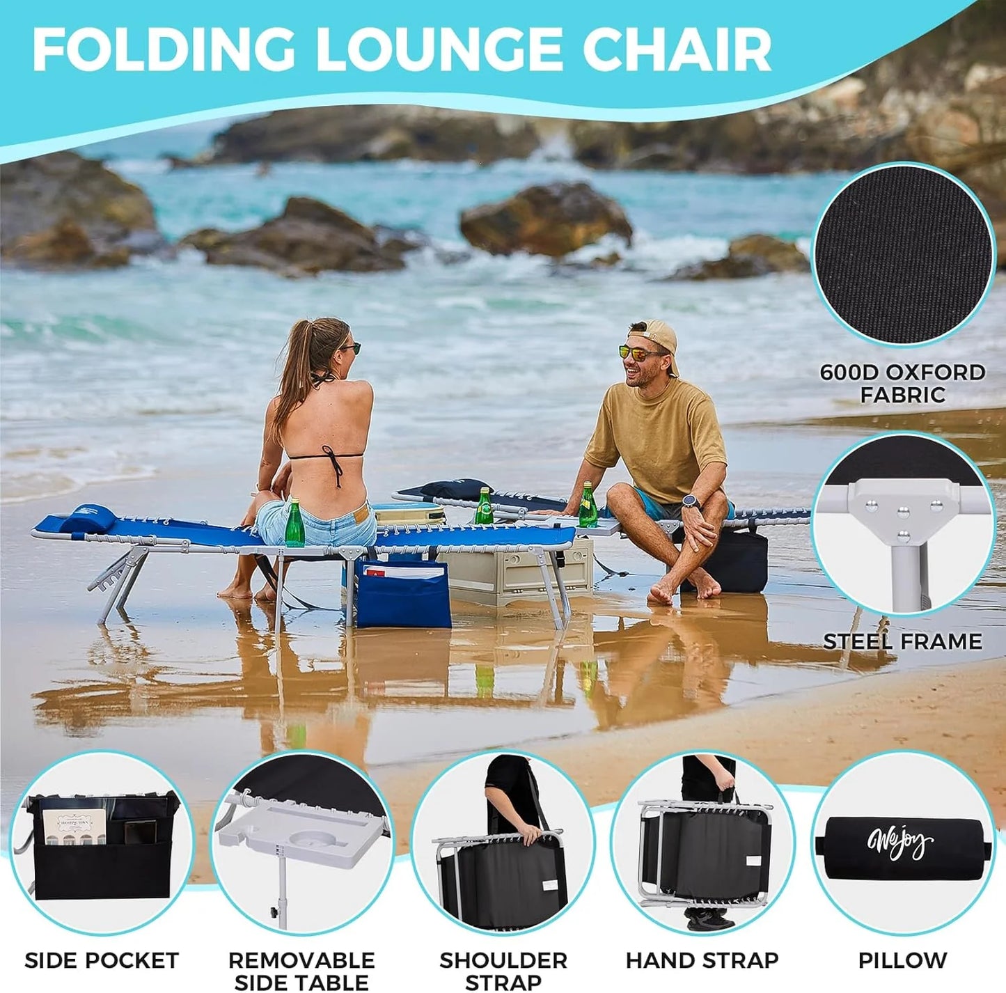 2 Pack Outdoor Chaise Lounge Chair - Portable Folding Patio Pool Lounge Chair, 5 Positions Adjustable Reclining Camping Chair with Side Table,Shoulder Strap, Pillow for Beach Sunbathing Lawn