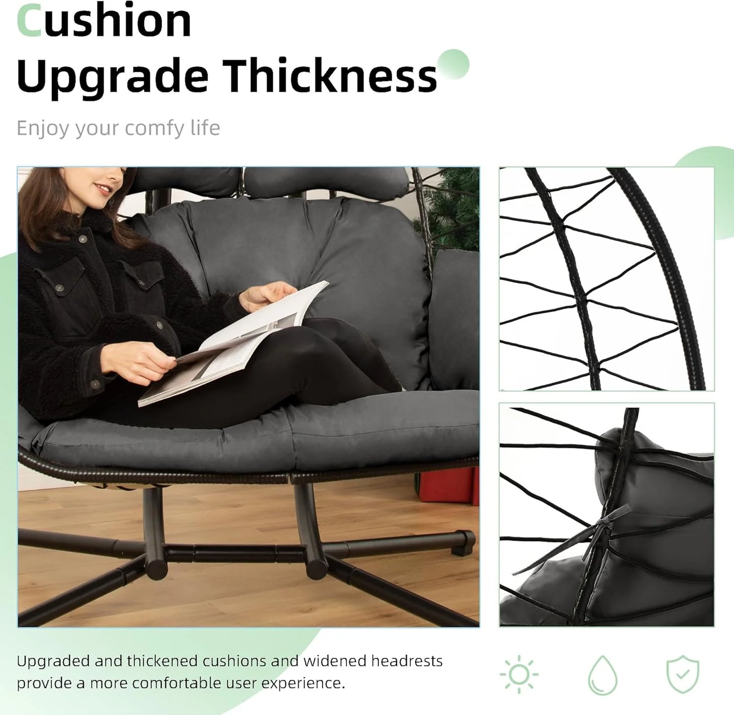 Double Egg Chair wth Stand Hammock Swing Chair Foldable Hanging Loveseat, UV Resistant Removable Cushions, 700LBS Capacity for Bedroom