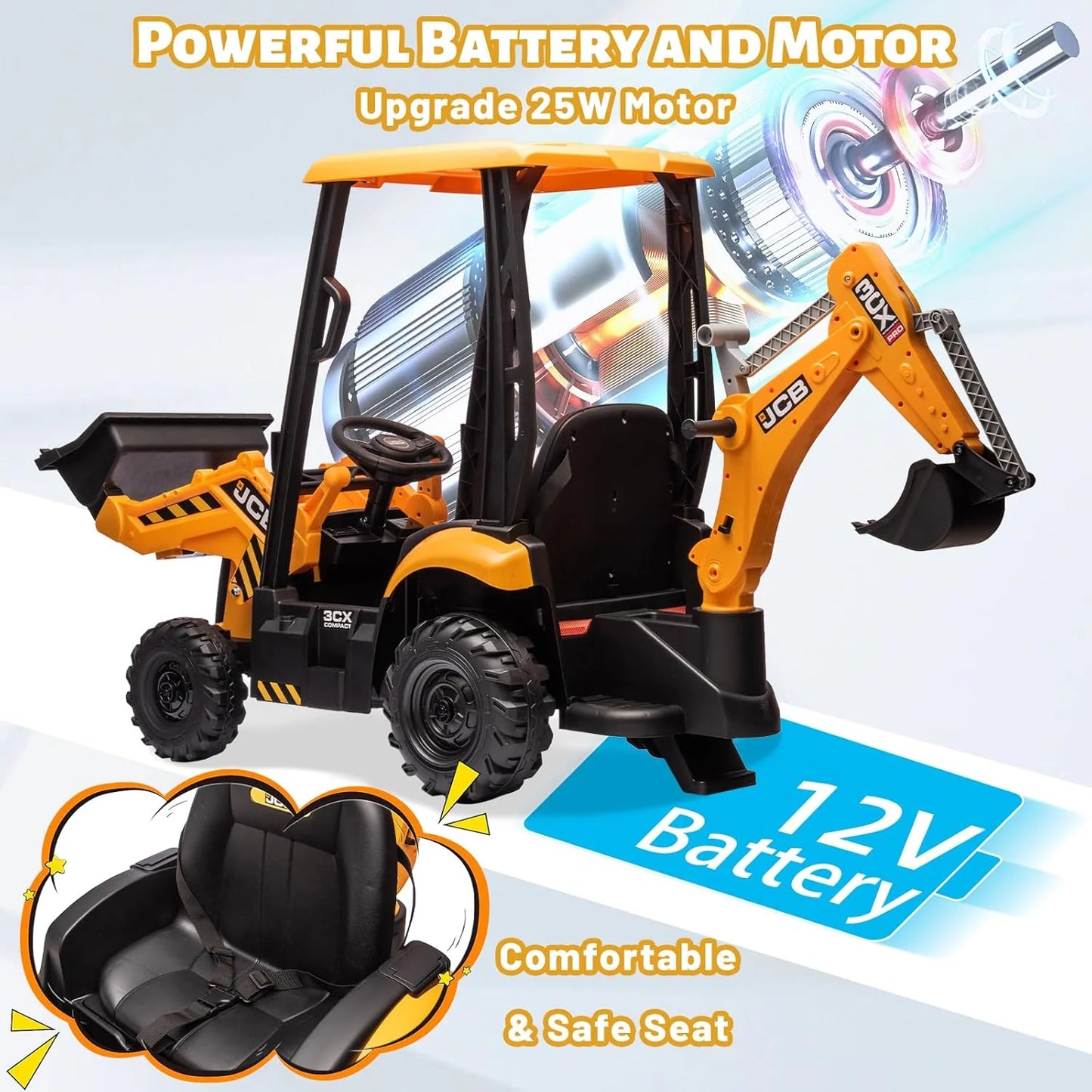 12V JCB Ride On Excavator, Ride on Toys for Kids 4-8, Electric Car for Kids with Tractor, Bulldozer, Digging Arm, Backhoe Toy Car with Slow Start/Stop, Adjustable Speeds