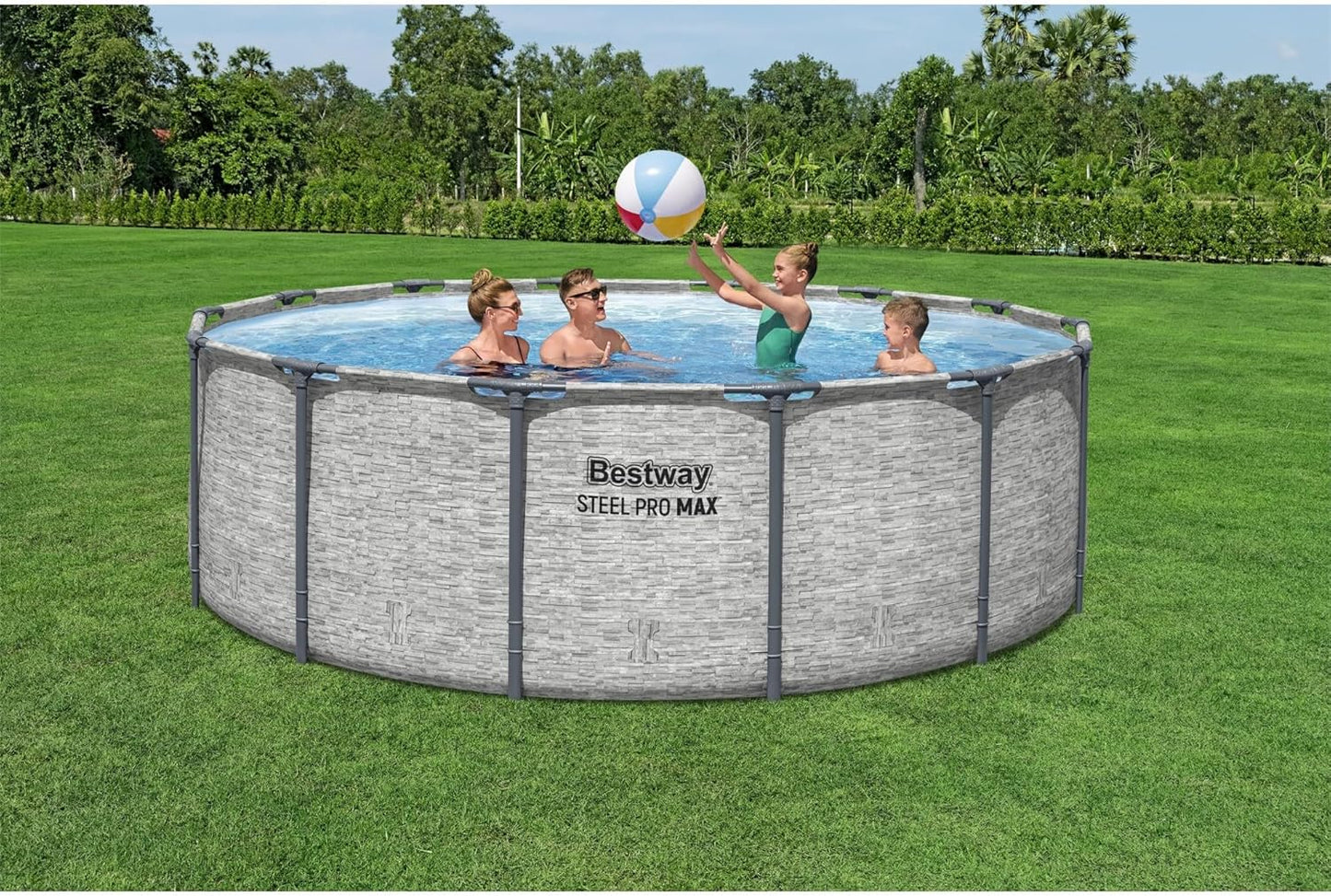 Steel Pro MAX 14 Foot x 48 Inch Round Metal Frame Above Ground Outdoor Swimming Pool Set with 1,000 Filter Pump, Ladder, and Cover, Gray
