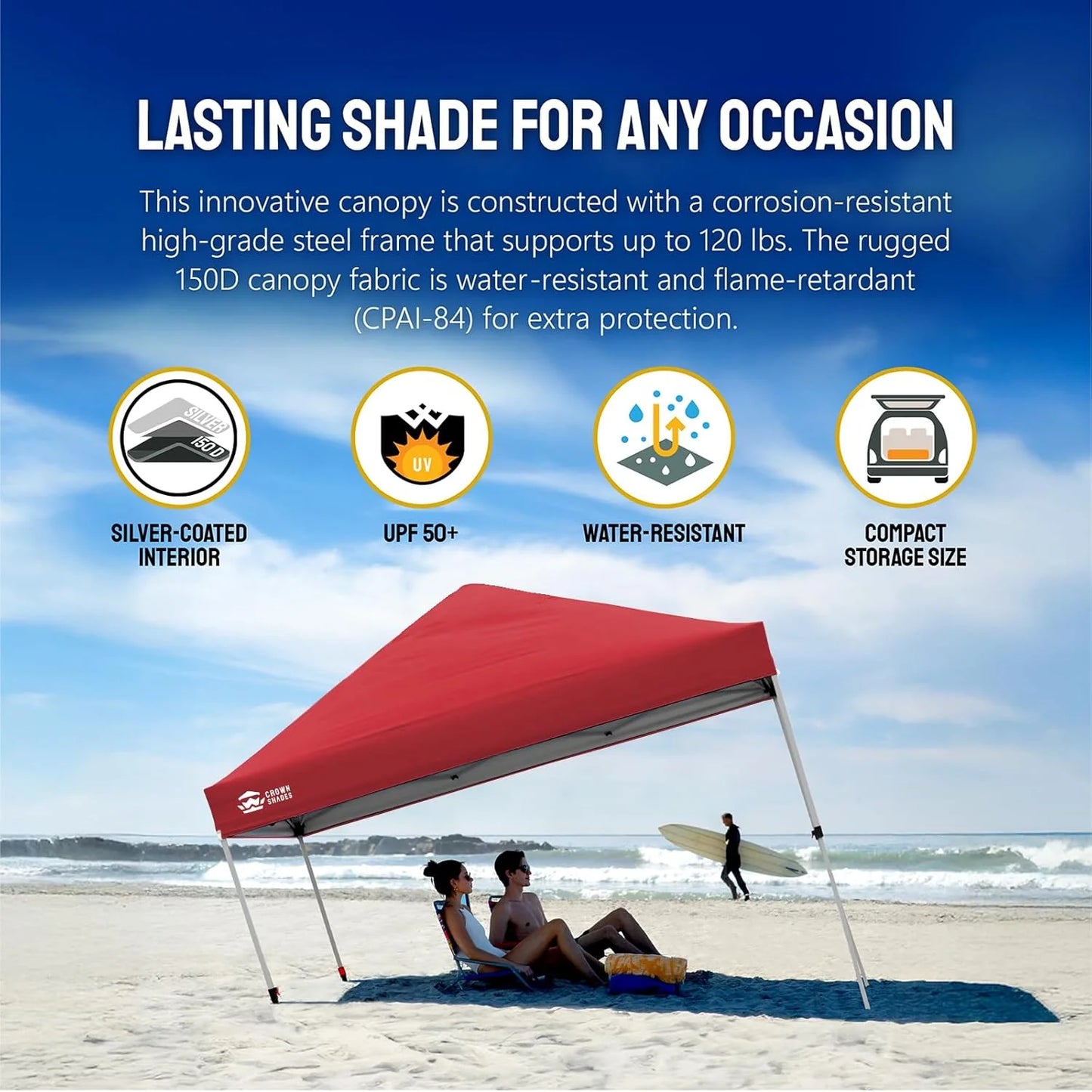 10x10 Pop-Up Awning - One-Click Installation Beach Tent - Outdoor Sunshade Silver Coated Top, 3 Heights and 4 Sand Pockets