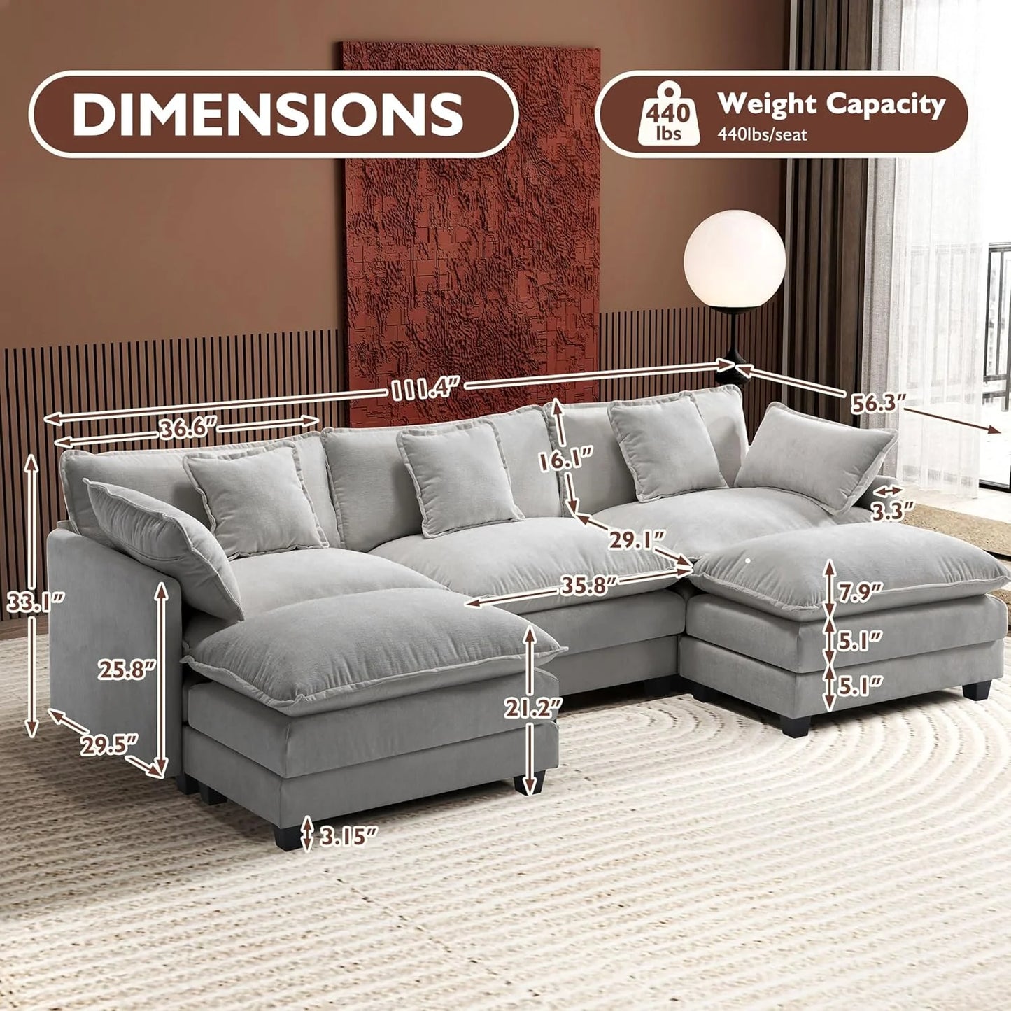 111.4 Inch L-Shaped Modern Sofa Modular Cloud Sofa with Ottoman, 4-Seater Chenille Deep Seat Sofa with Pillows for Living Room, Bedroom and Apartment, Beige