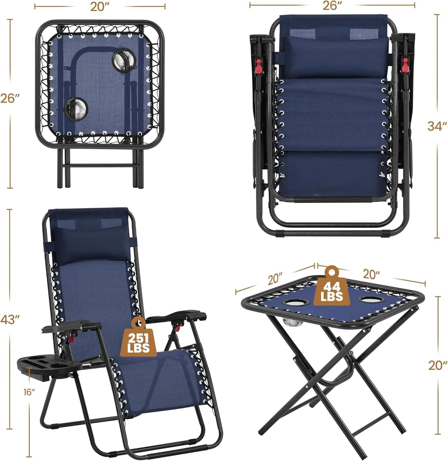 3PCS Zero Gravity Recliner Portable Outdoor Reclining Chair Set w/Side Table Folding Chaise Lounge Chairs