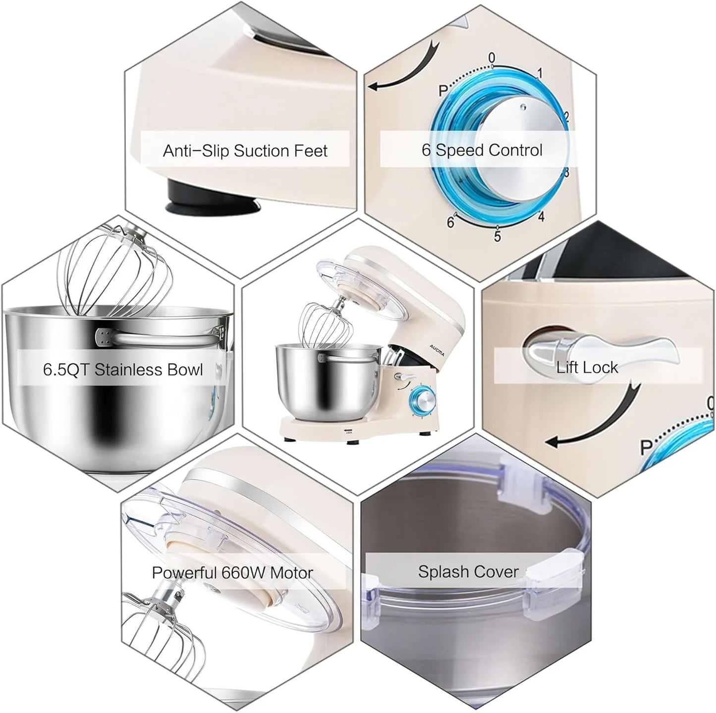 Aucma Stand Mixer,6.5-QT 660W 6-Speed Tilt-Head Food Mixer, Kitchen Electric Mixer with Dough Hook