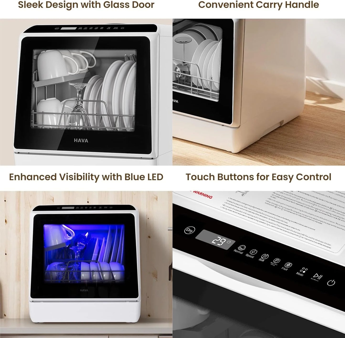 HAVA tabletop dishwasher, 6-program portable dishwasher with built-in 5-liter water tank