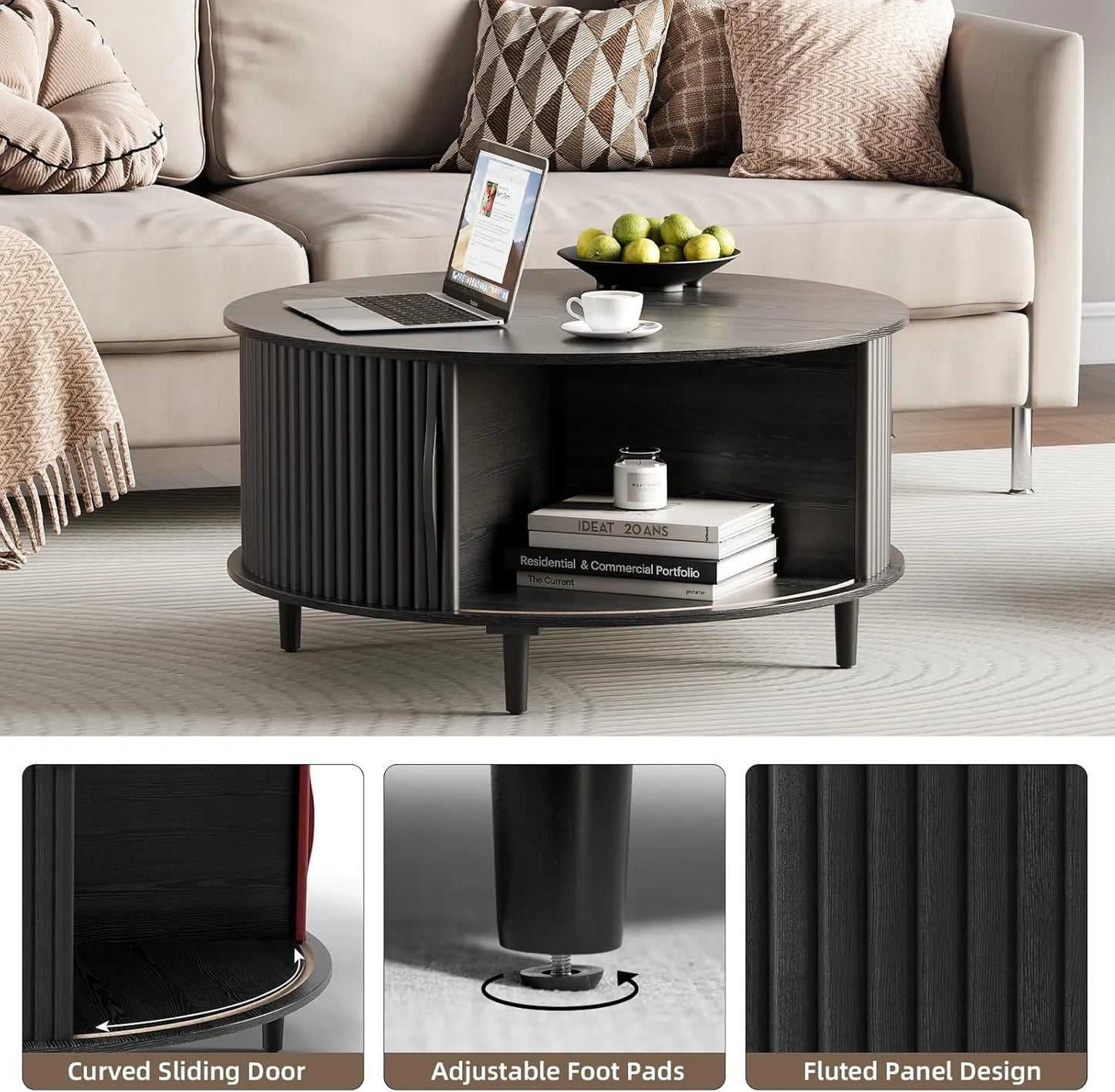 Round Coffee Table with Storage,Fluted Center Table with Sliding Cabinet Door for Living Room,Home Small Space,31.5" Small Center Table,Walnut