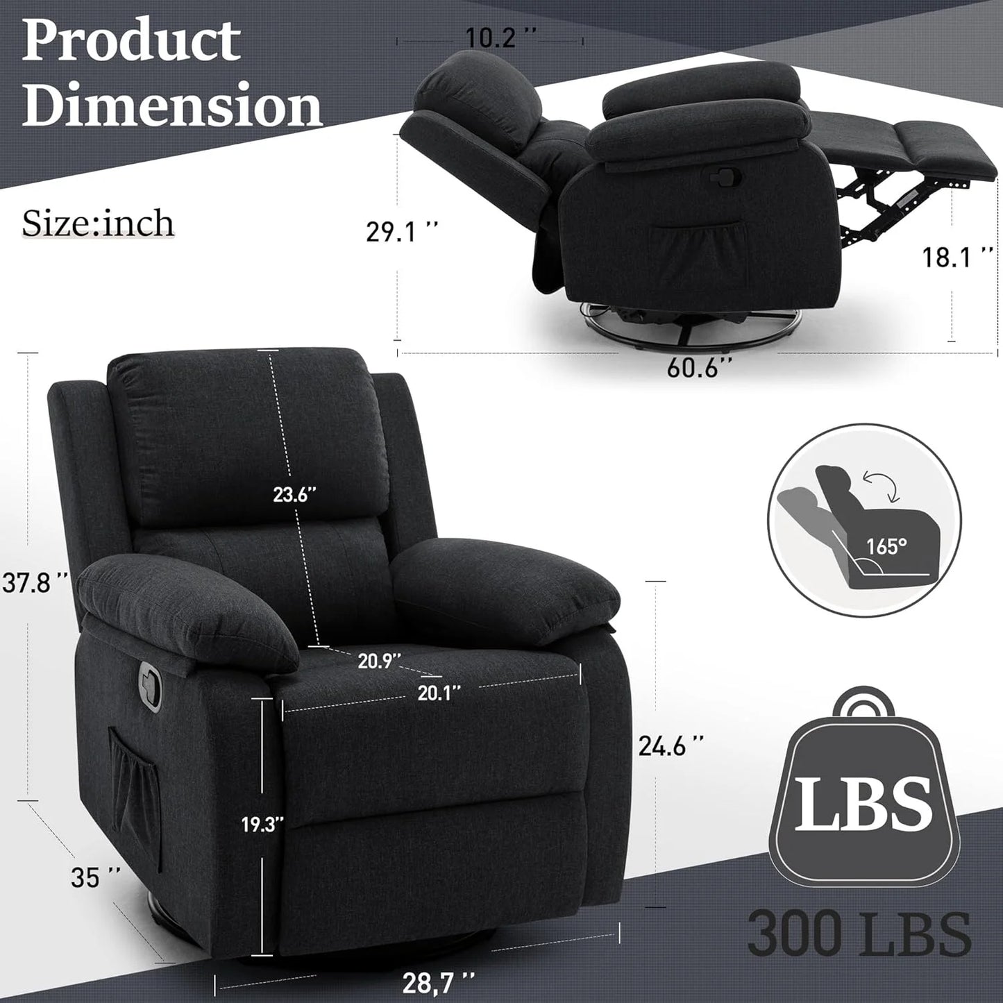 Reclining rocking chair 360 degree rotating fabric sliding reclining chair