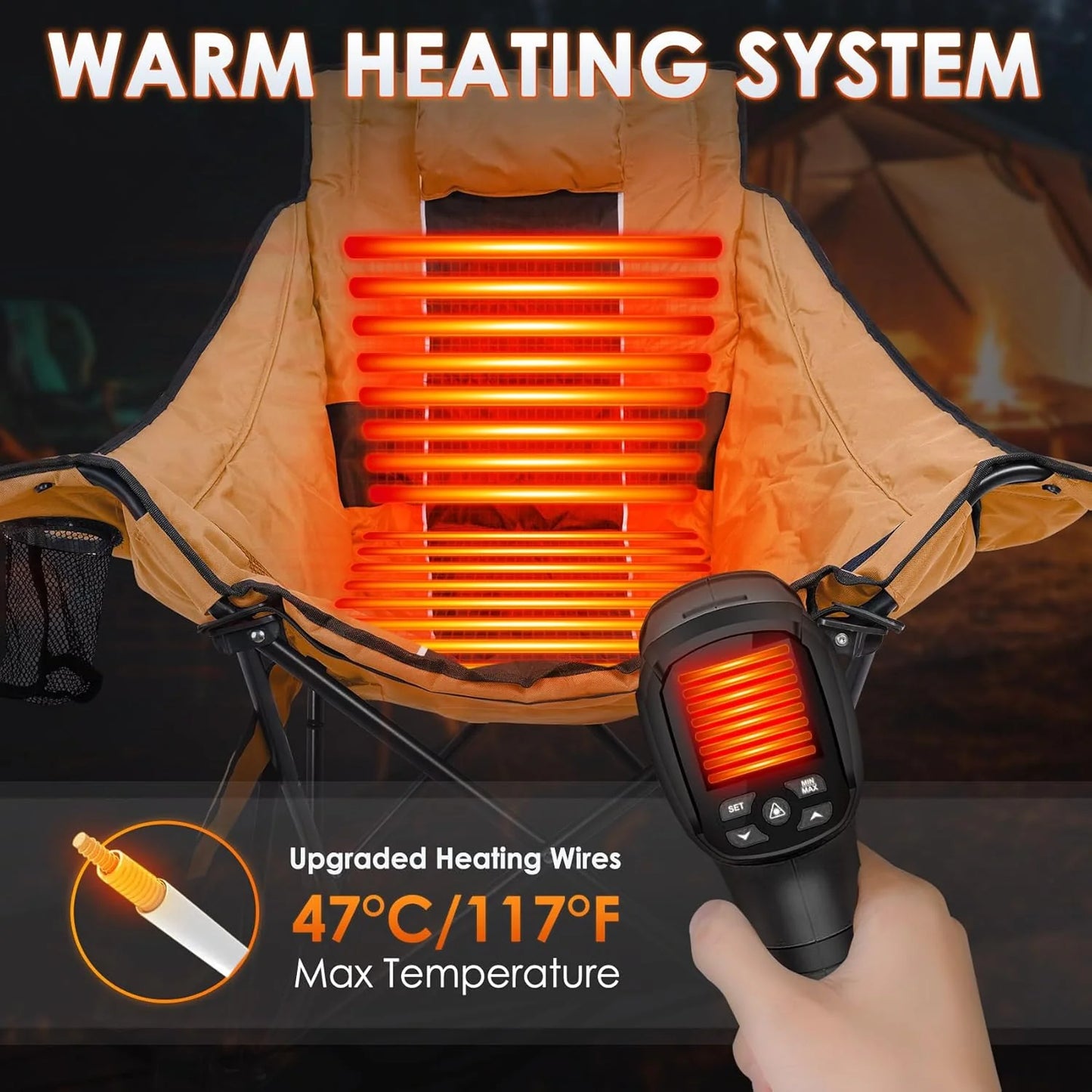 Heated Camping Chair, Extra Large Heated Chair Outdoor Sports Chair with 3 Heat Levels on Back and Seat, Portable Folding Heated Outdoor Chair (Batteries Not Included)