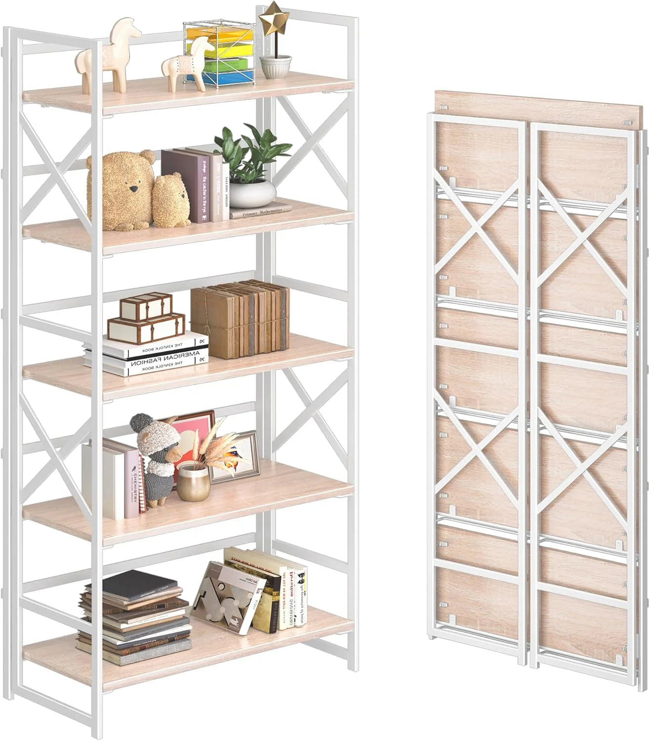5 Tiers No Assembly Book Shelves 51.2" H Folding Bookshelf Bookcase