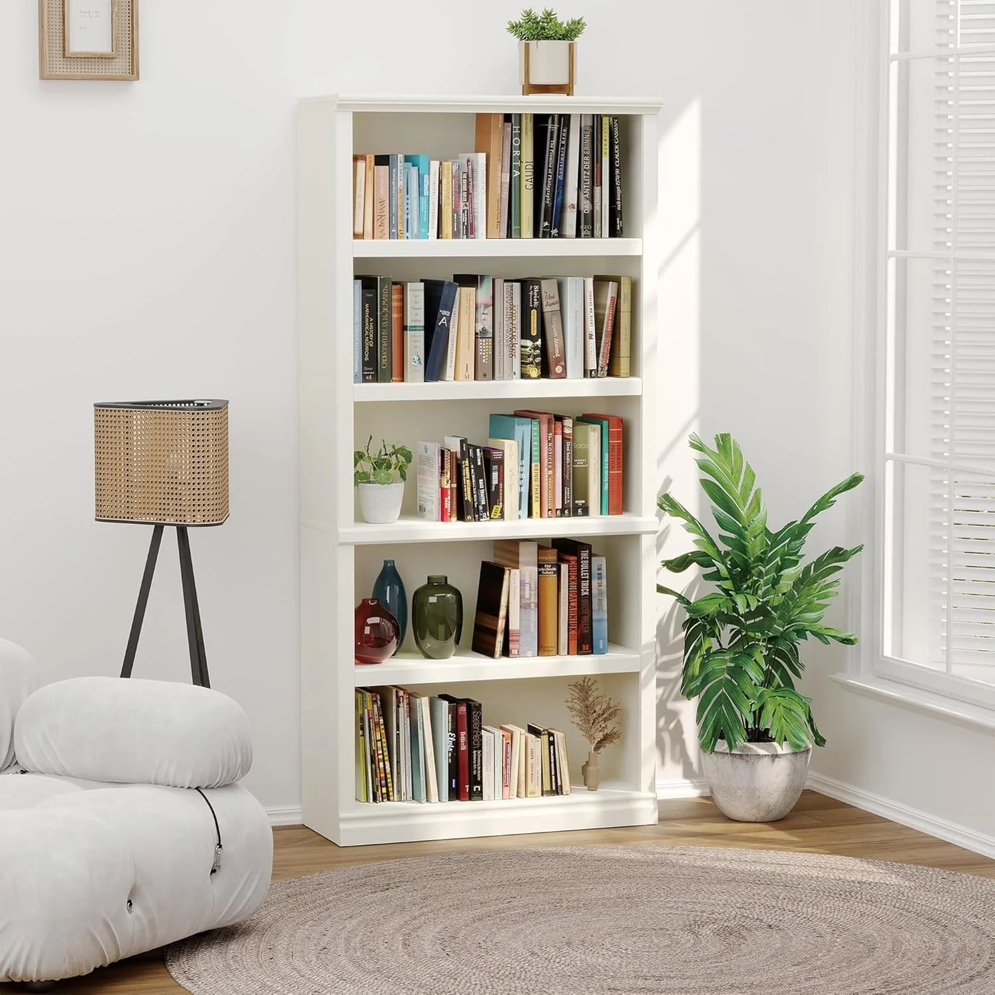 70-Inch Tall White Bookcase 5 Tiers Shelves Open Storage Bookshelf