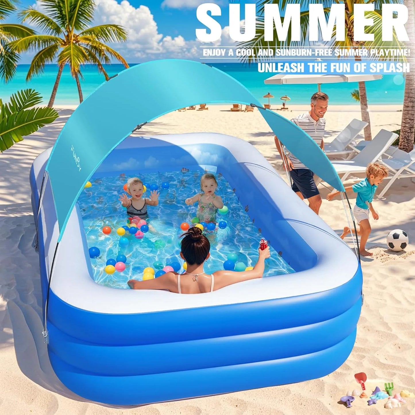 Inflatable Pool with Canopy,Upgraded Inflatable Swimming Pool for Kids,Adult,Large Inflatable Blow up Pools,Ocean Theme Oversized Thickened 105"x75"x25"Inflatable Family Pools for Backyard-Blue